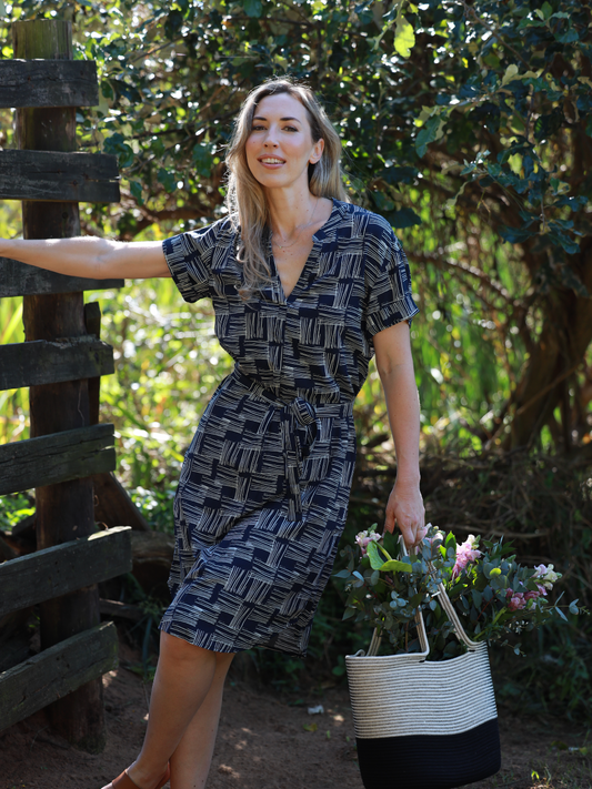 Charlie - Indigo Dreams: Classic Midi Shirt Dress with mandarin collar