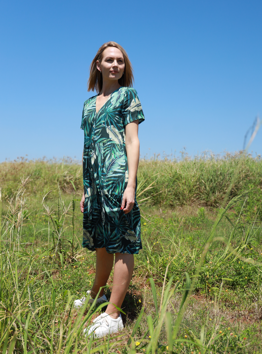 Ella -  Secret Garden: Short Sleeve V-Neck Knee Length Tiered Midi Button-up Dress