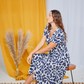 Ella - Indigo Rain: Short Sleeve V-Neck Knee Length Tiered Midi Button-up Dress