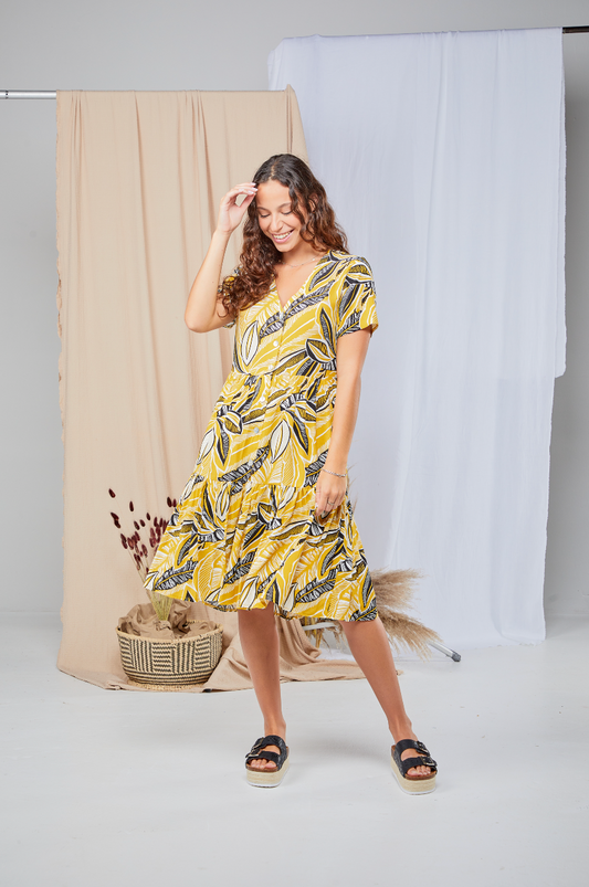 Ella - Yellow Palm: Short Sleeve V-Neck Knee Length Tiered Midi Button-up Dress