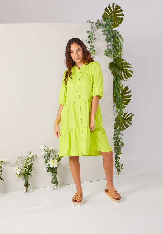 Julie-Green Rayon linen: Tiered Button-up Dress