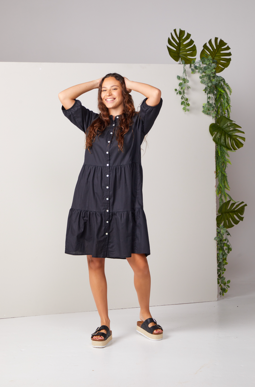Julie Plain Black Tiered Button up Dress in Poplin