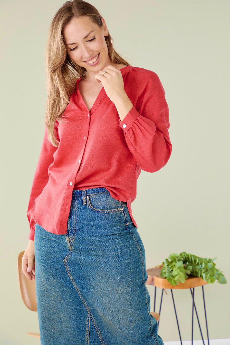 Alice - Baked apple Linen: Button-up mandarin collar shirt