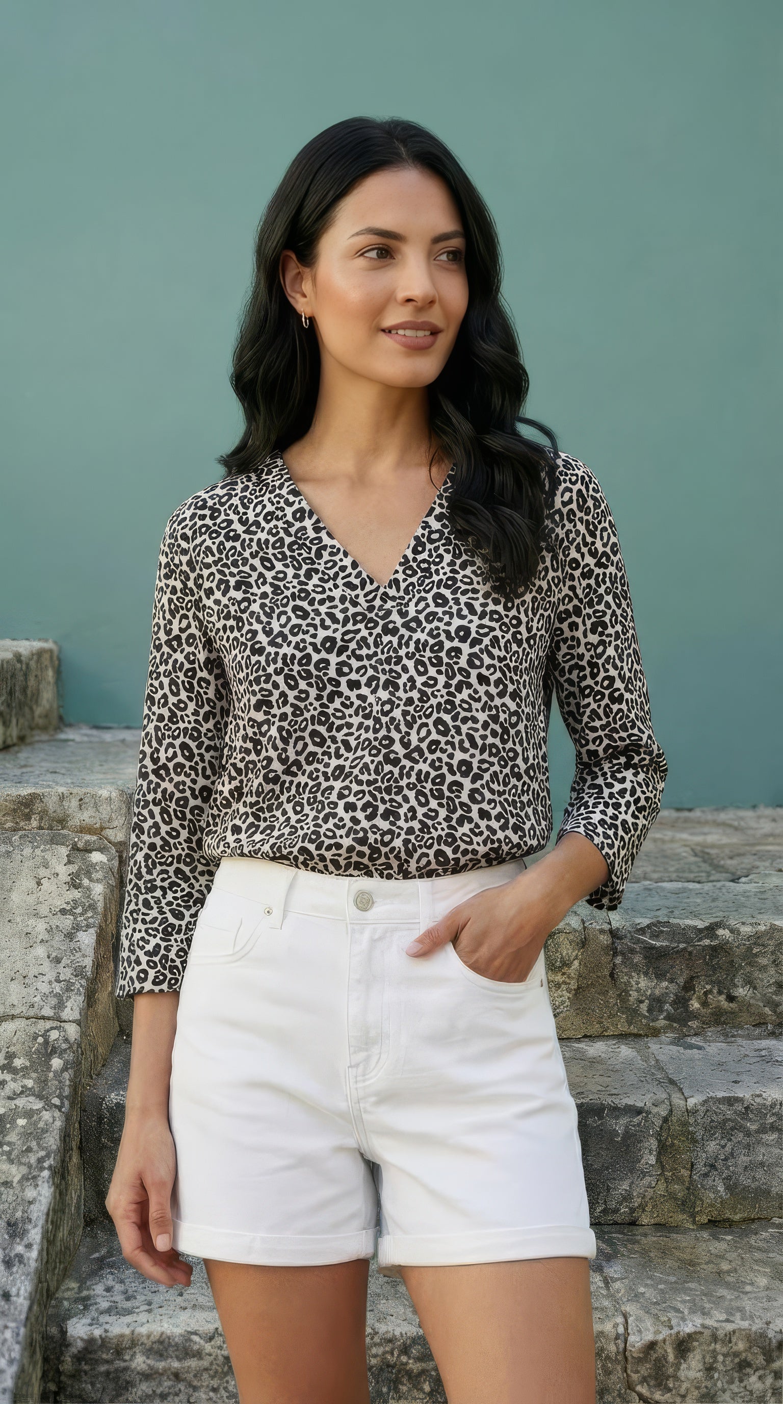 River - Dusk Leopard: Classic V-neck top with 3/4 sleeves
