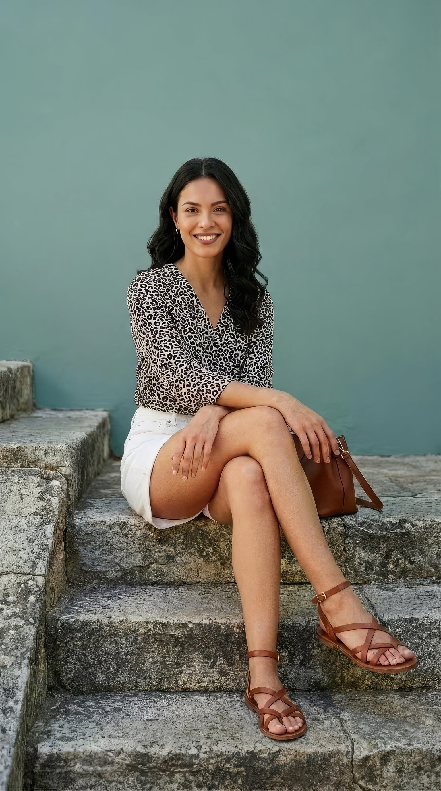 River - Dusk Leopard: Classic V-neck top with 3/4 sleeves