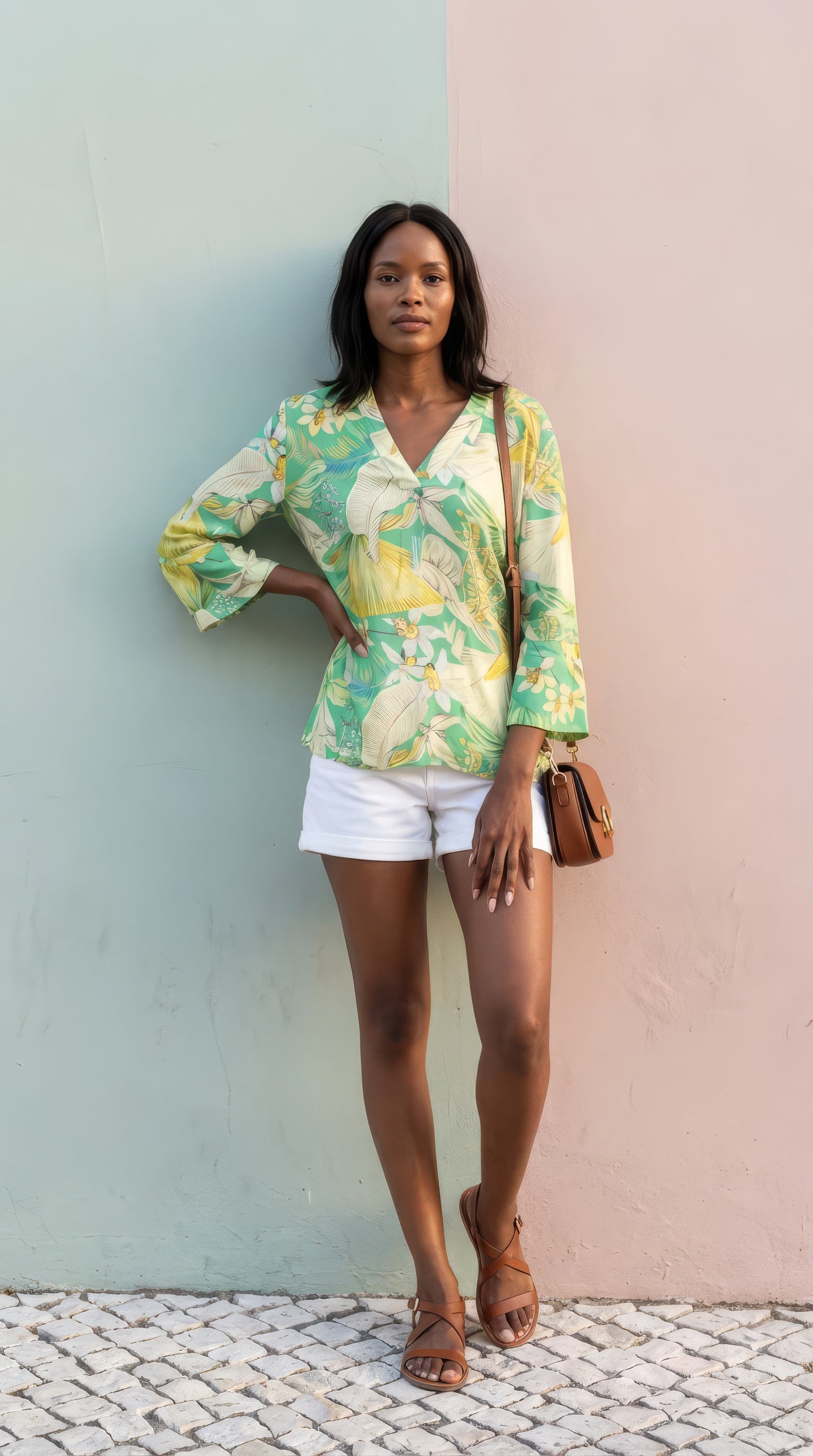River - Aloha Botanical: Classic V-neck top with 3/4 sleeves