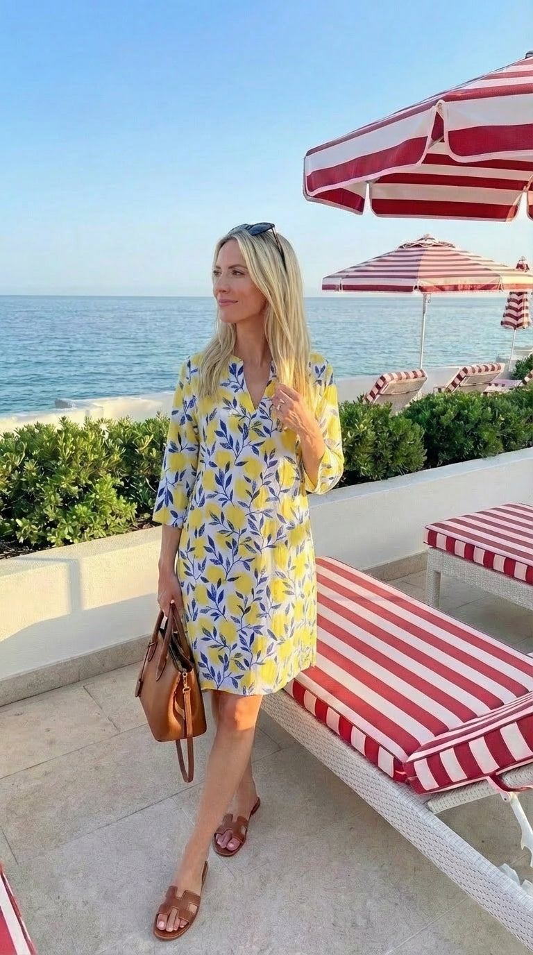 Kerry - Lemon Vineyard: Classic midi shift dress with 3/4 sleeves