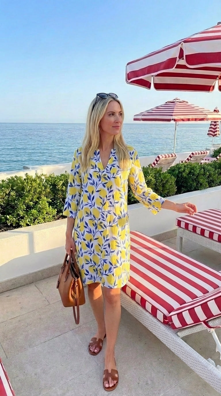 Kerry - Lemon Vineyard: Classic midi shift dress with 3/4 sleeves