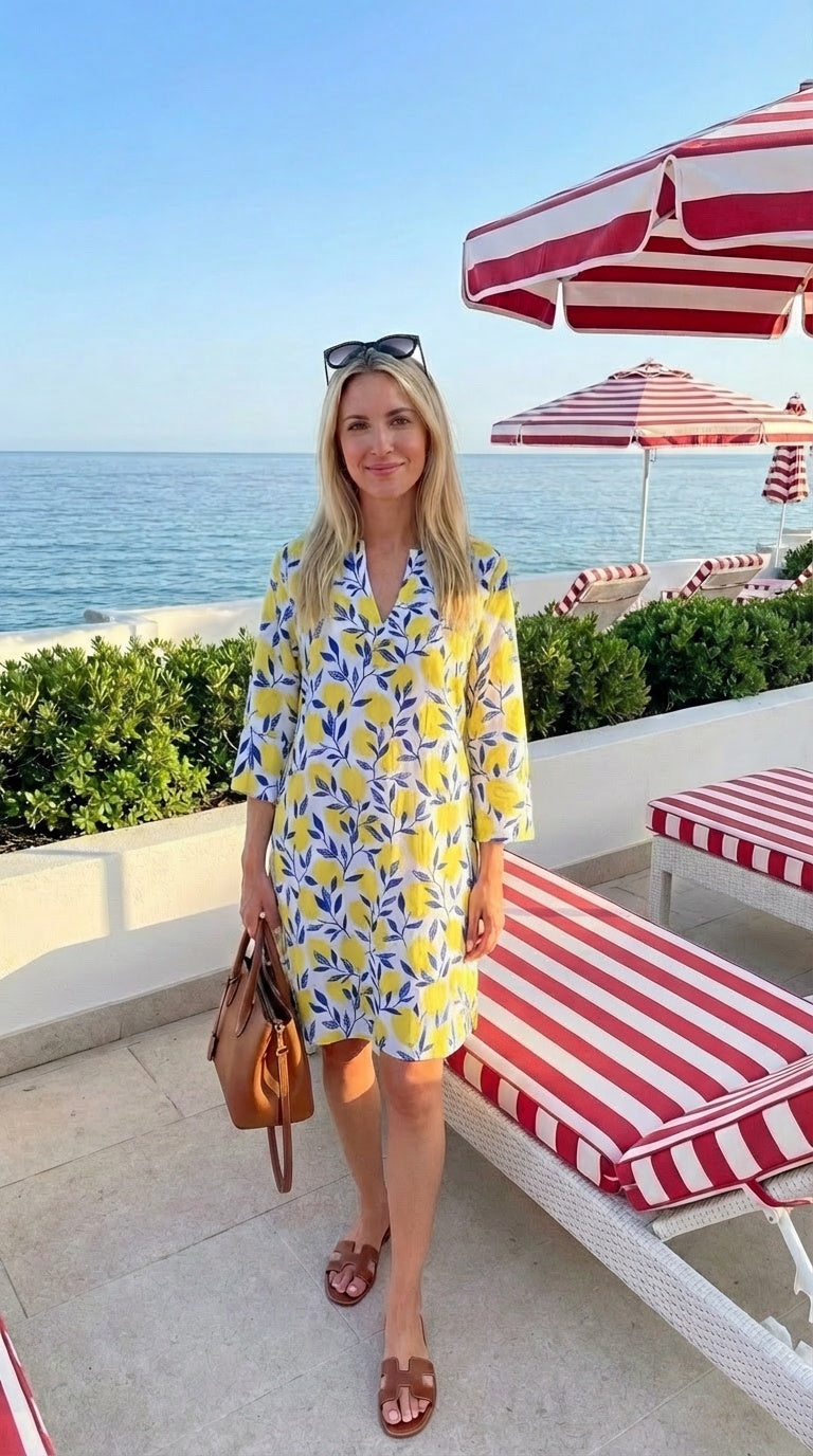 Kerry - Lemon Vineyard: Classic midi shift dress with 3/4 sleeves