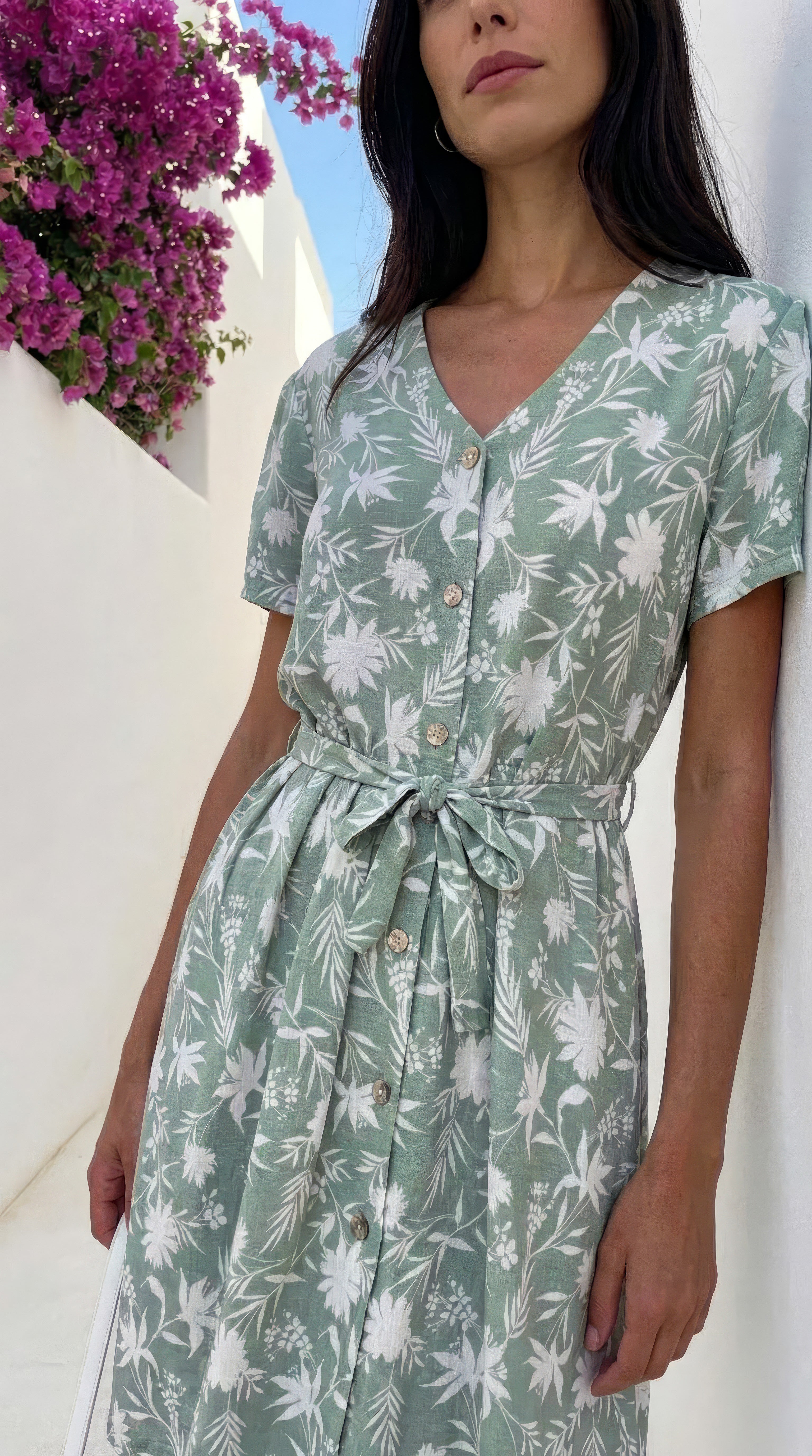 Gemma - Floral Ruffle: V-neck button up mini dress