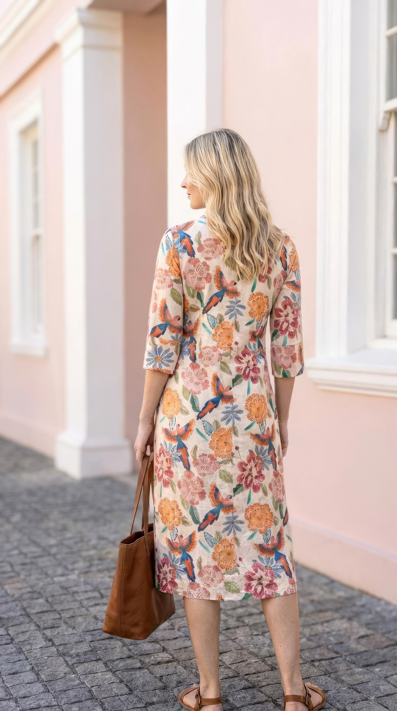 Sarah - Tropical Island: Classic midi shirt dress in Rayon linen
