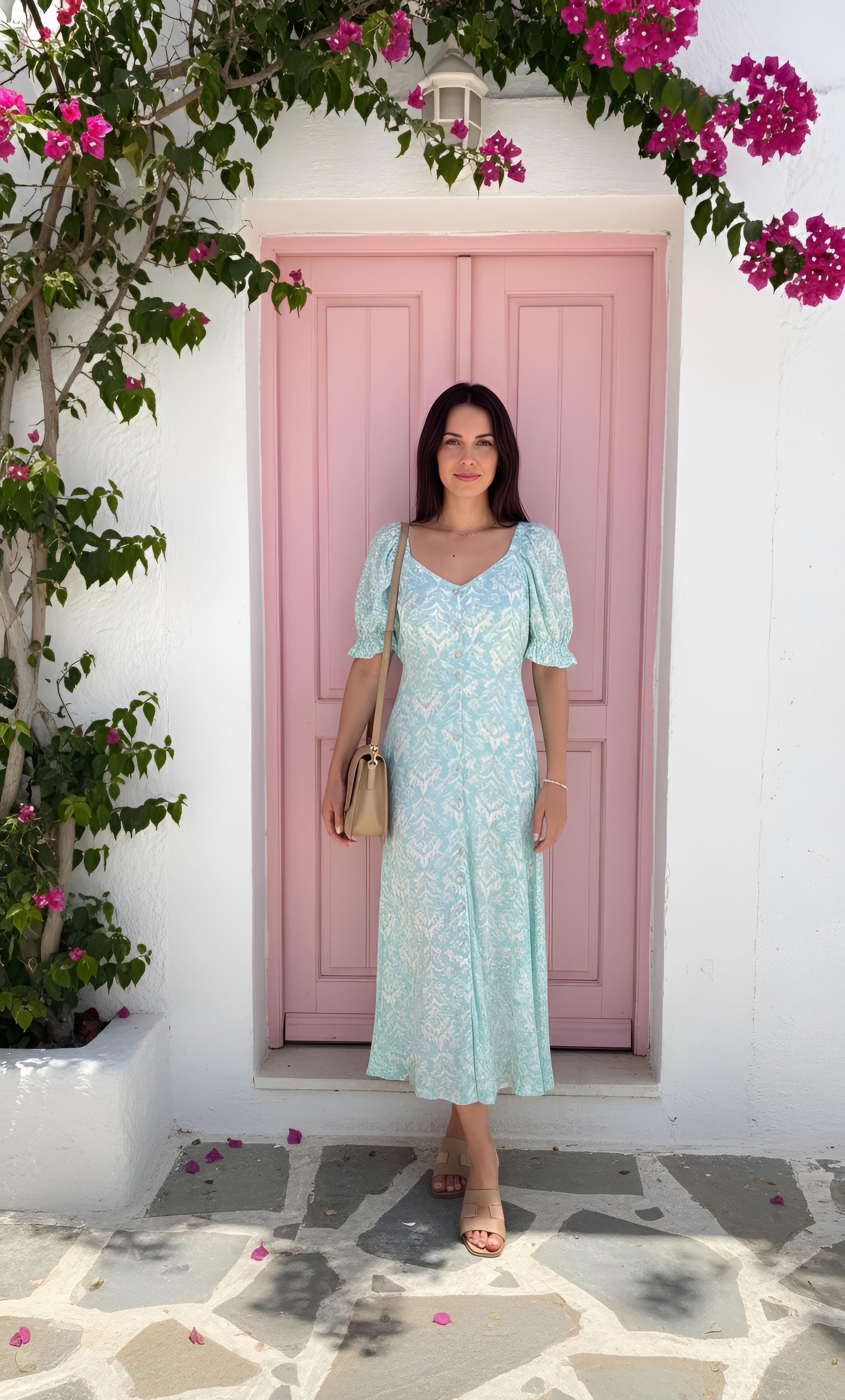 Dom - Wildflower Whisp: Midi dress with belt and puff sleeves