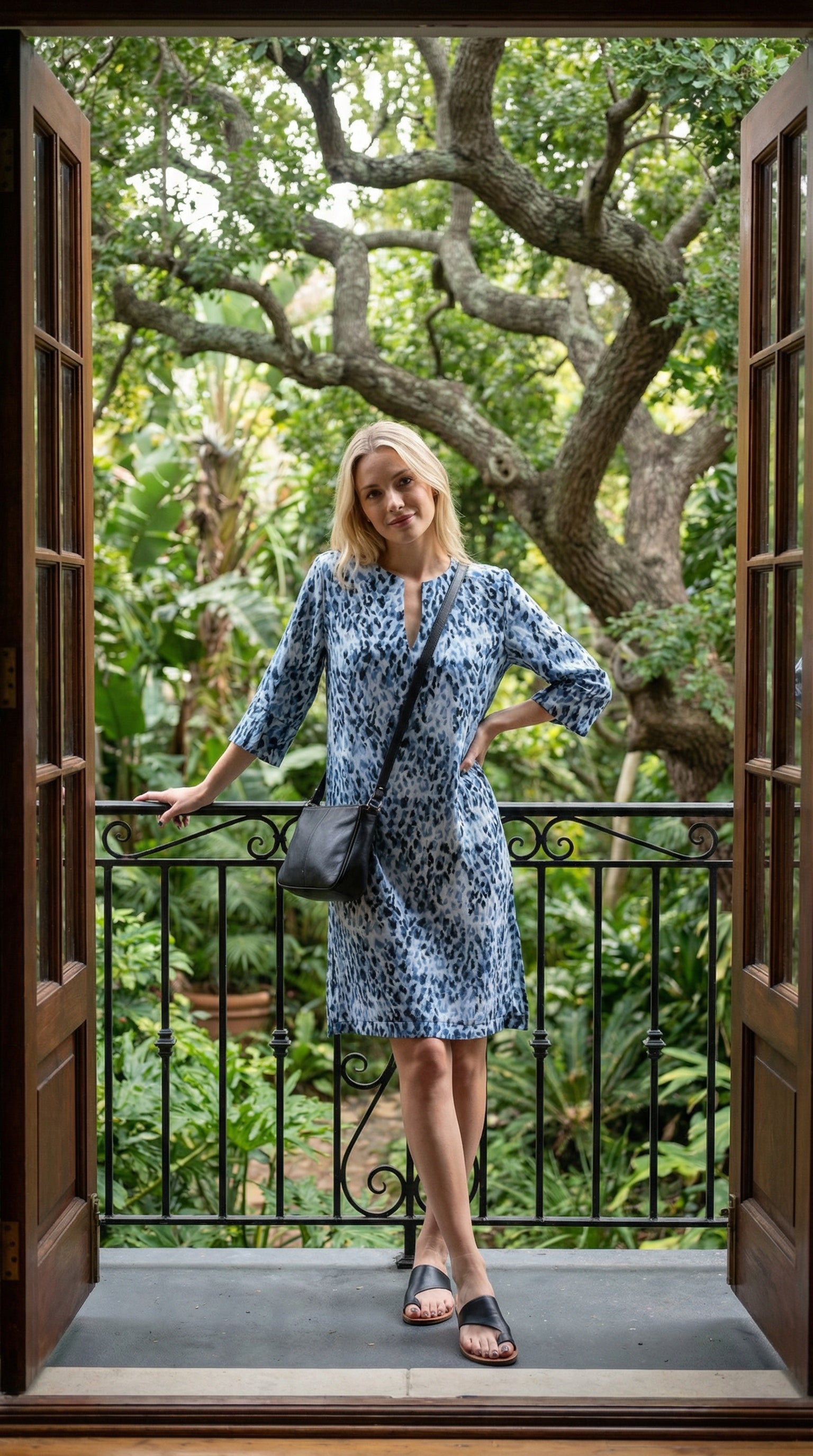 Kerry - Crystal Coral: Classic midi shift dress with 3/4 sleeves