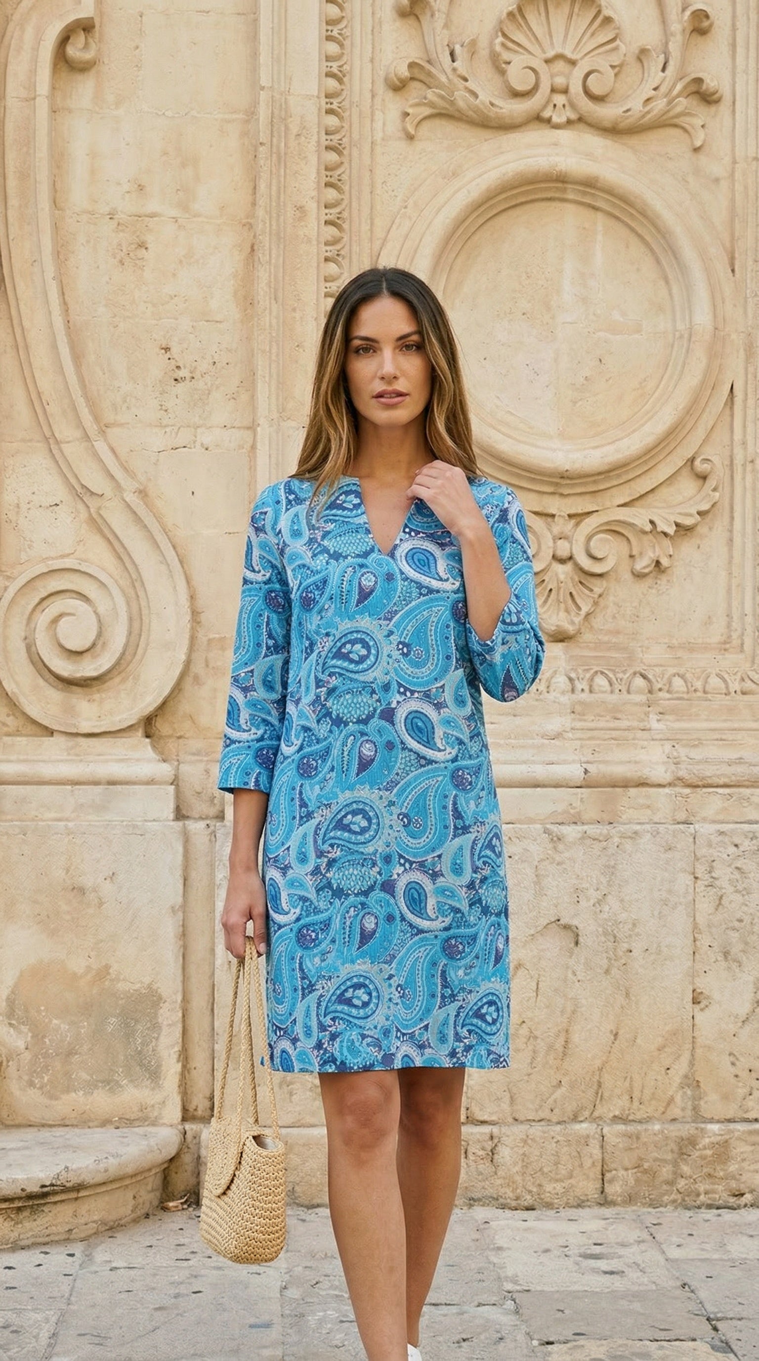Kerry - Blue Paisley: Classic midi shift dress with 3/4 sleeves