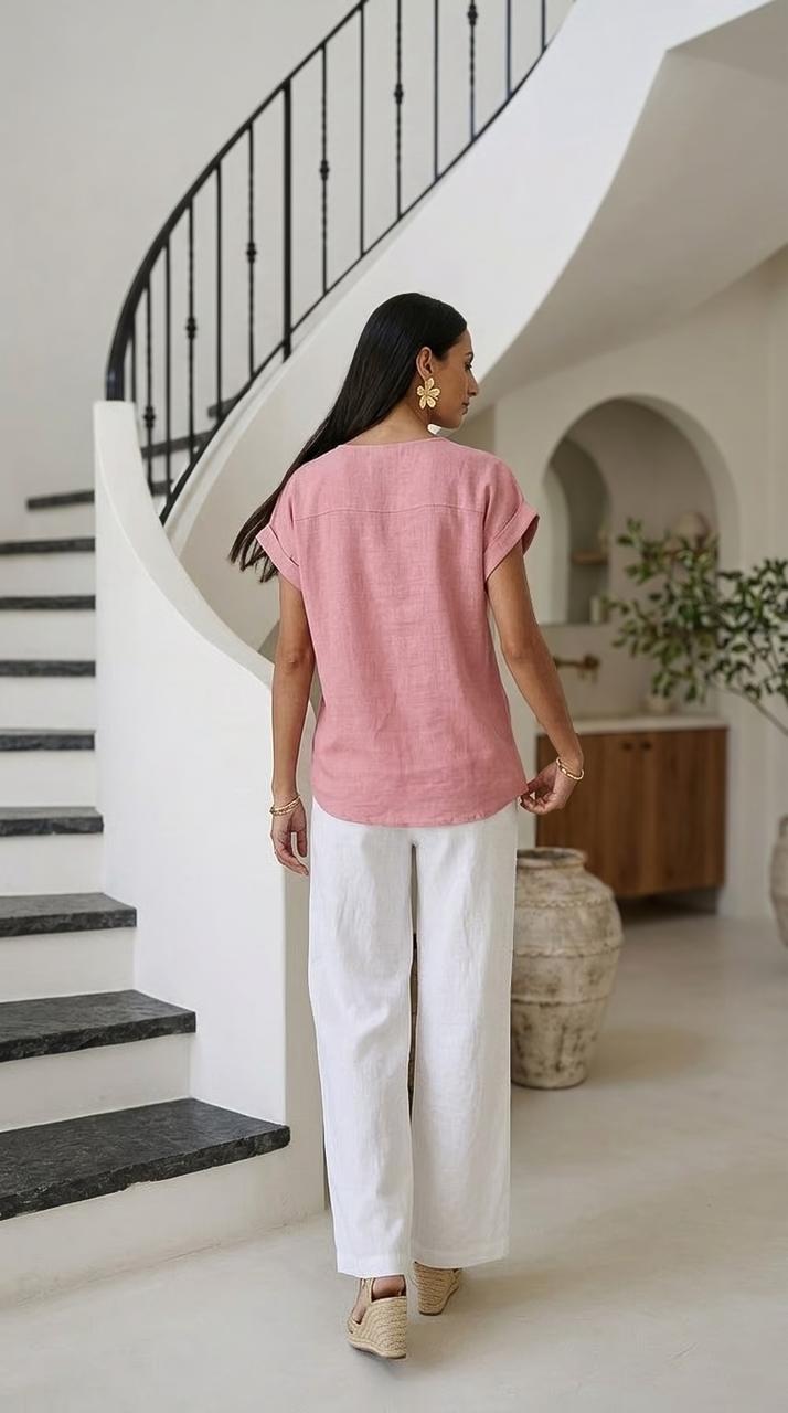 Faye - Powder Rose: V-neck top with binding detail