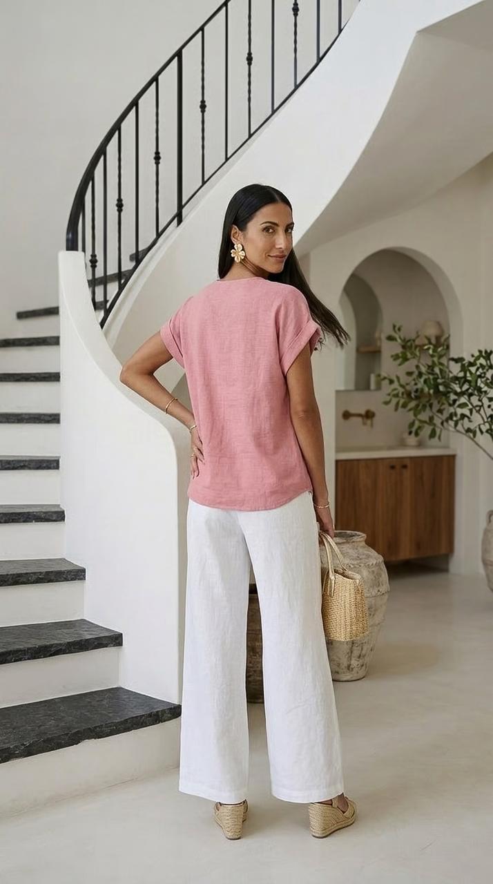 Faye - Powder Rose: V-neck top with binding detail