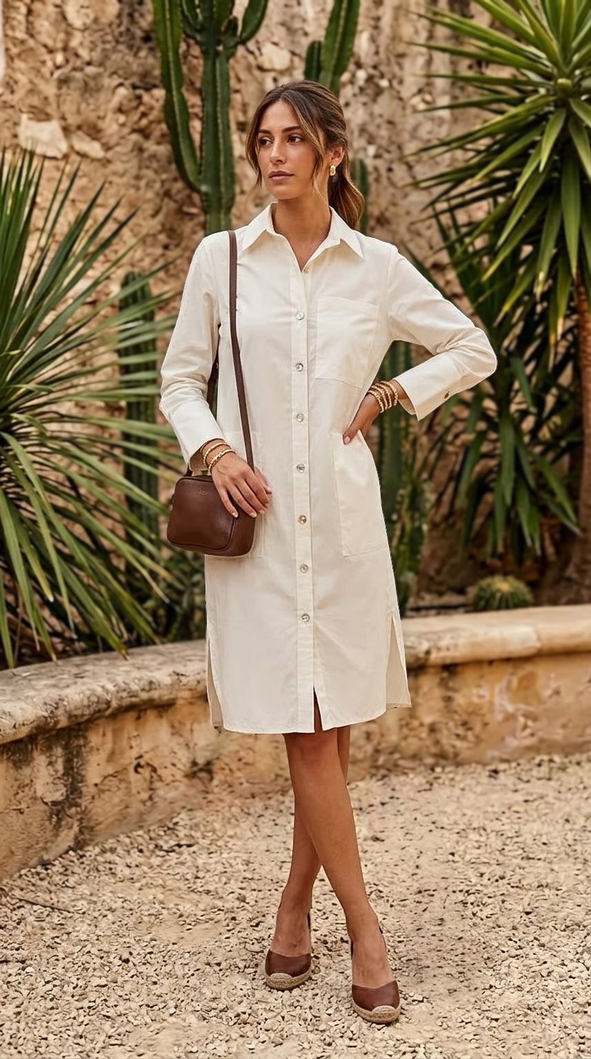 Callie - Egret: Cotton Shirt dress