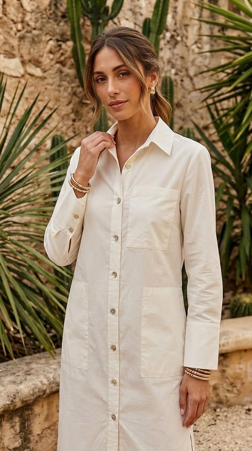 Callie - Egret: Cotton Shirt dress