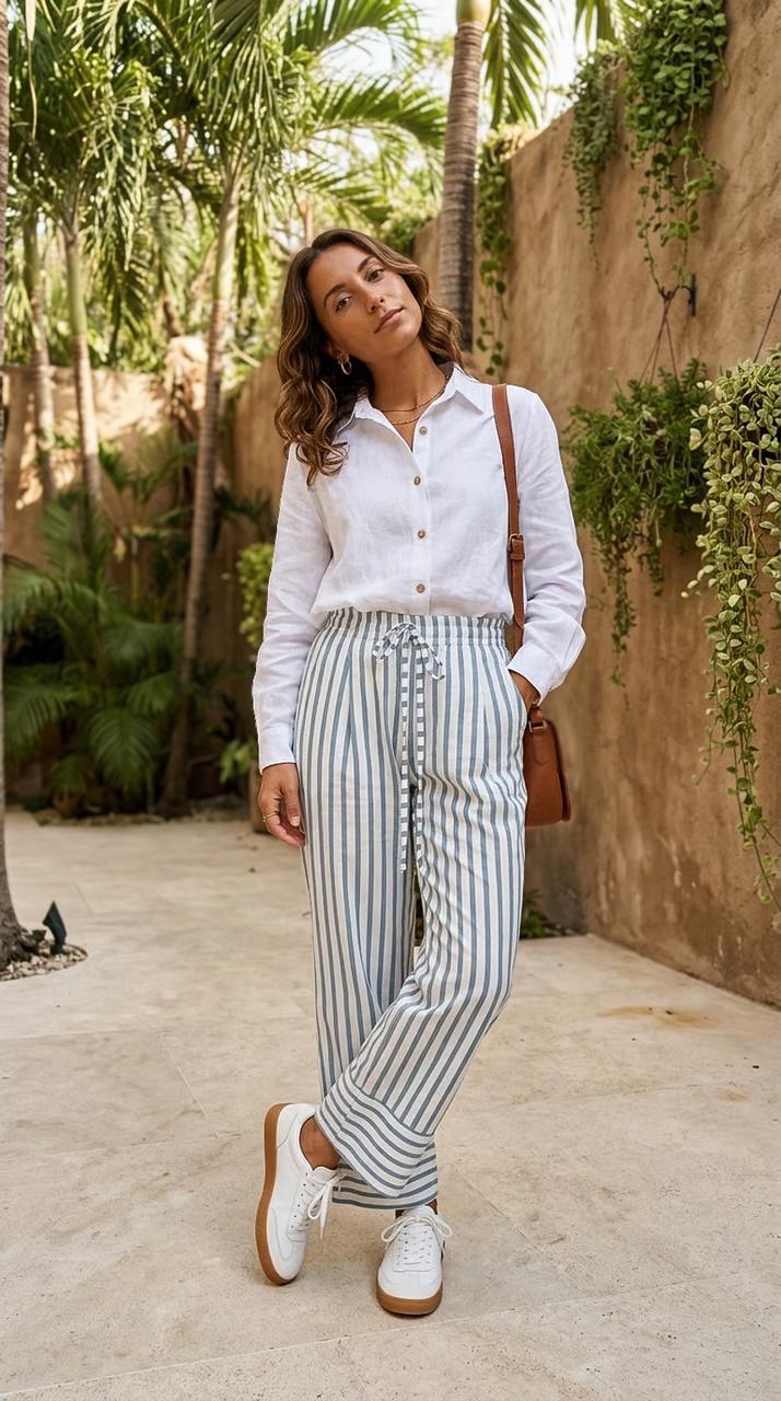 Caprice - Blue Stripe: Wide Leg pants with Elasticated waistband