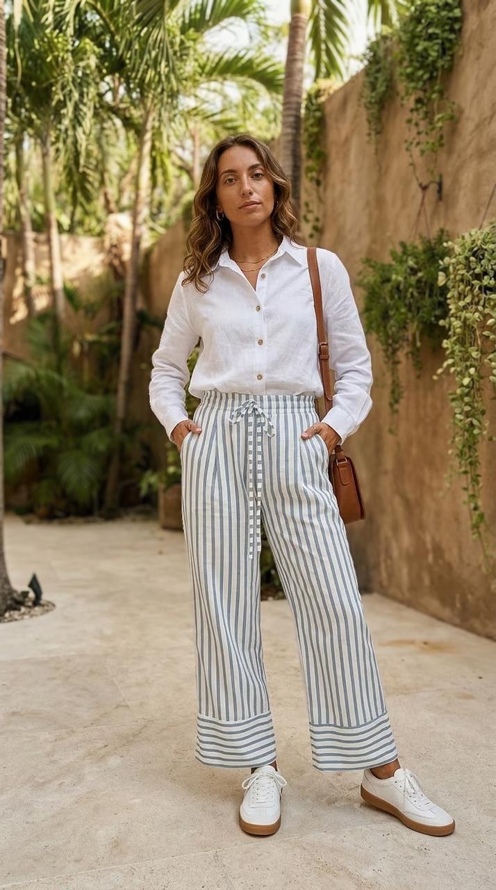 Caprice - Blue Stripe: Wide Leg pants with Elasticated waistband
