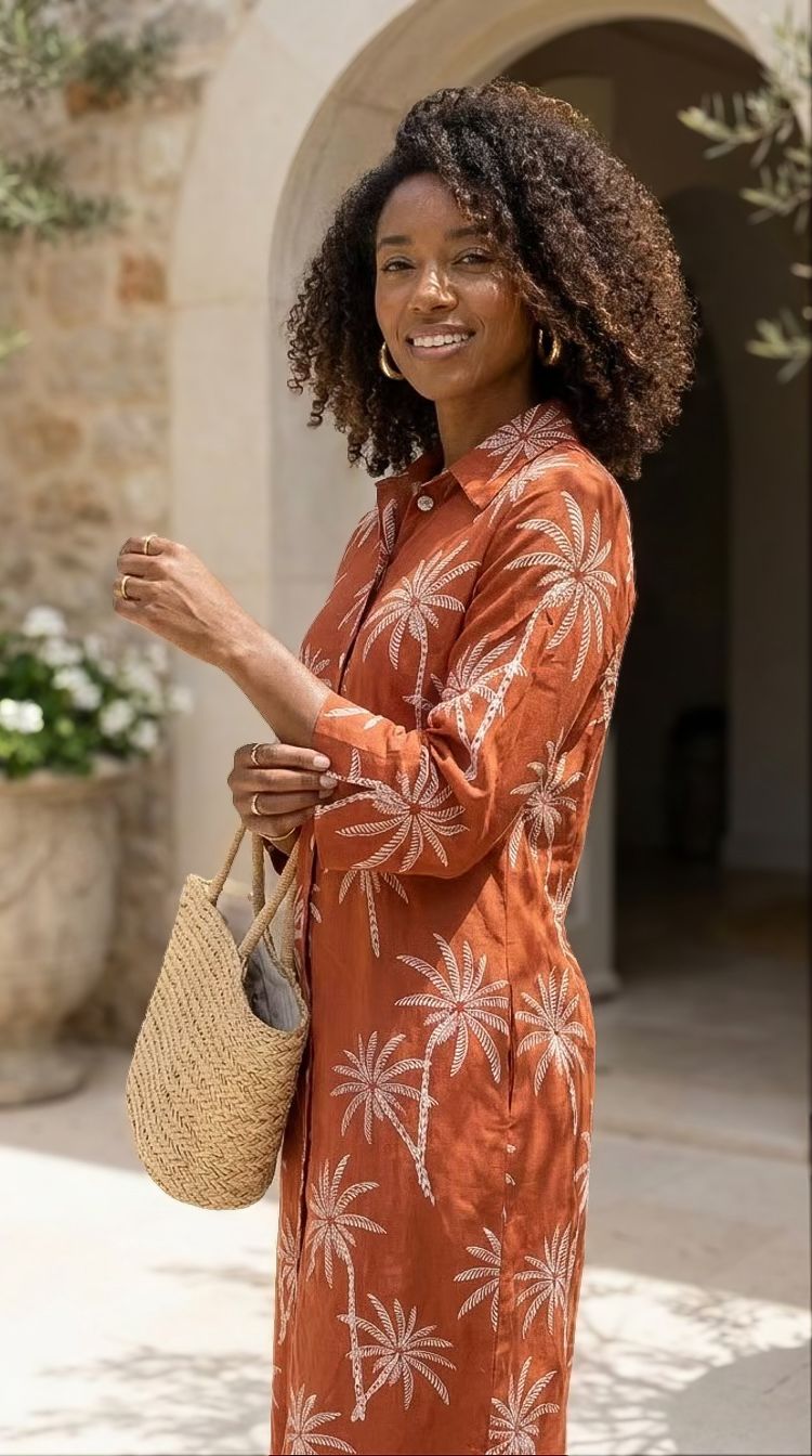 Sarah - Sunset Palms: Classic midi shirt dress