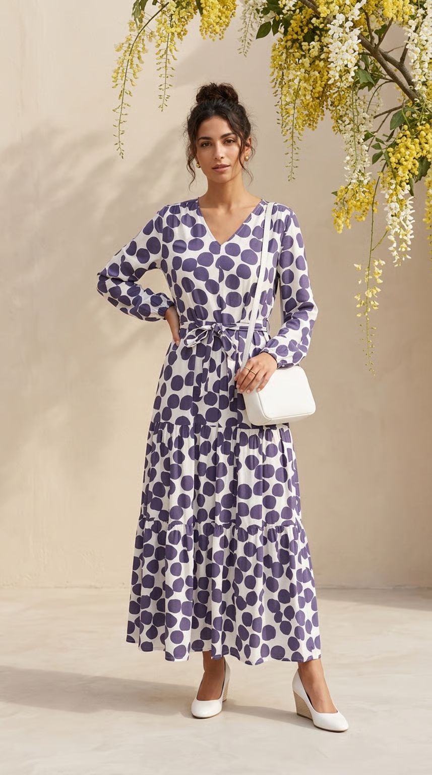 Brae - Oversize Polka: Tiered Long sleeve maxi dress