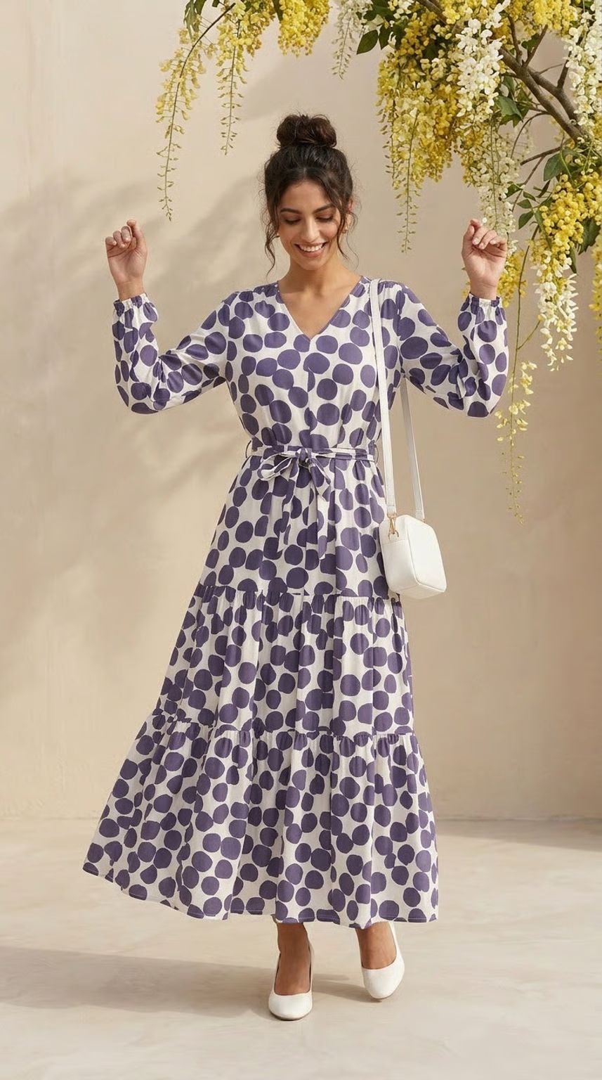 Brae - Oversize Polka: Tiered Long sleeve maxi dress