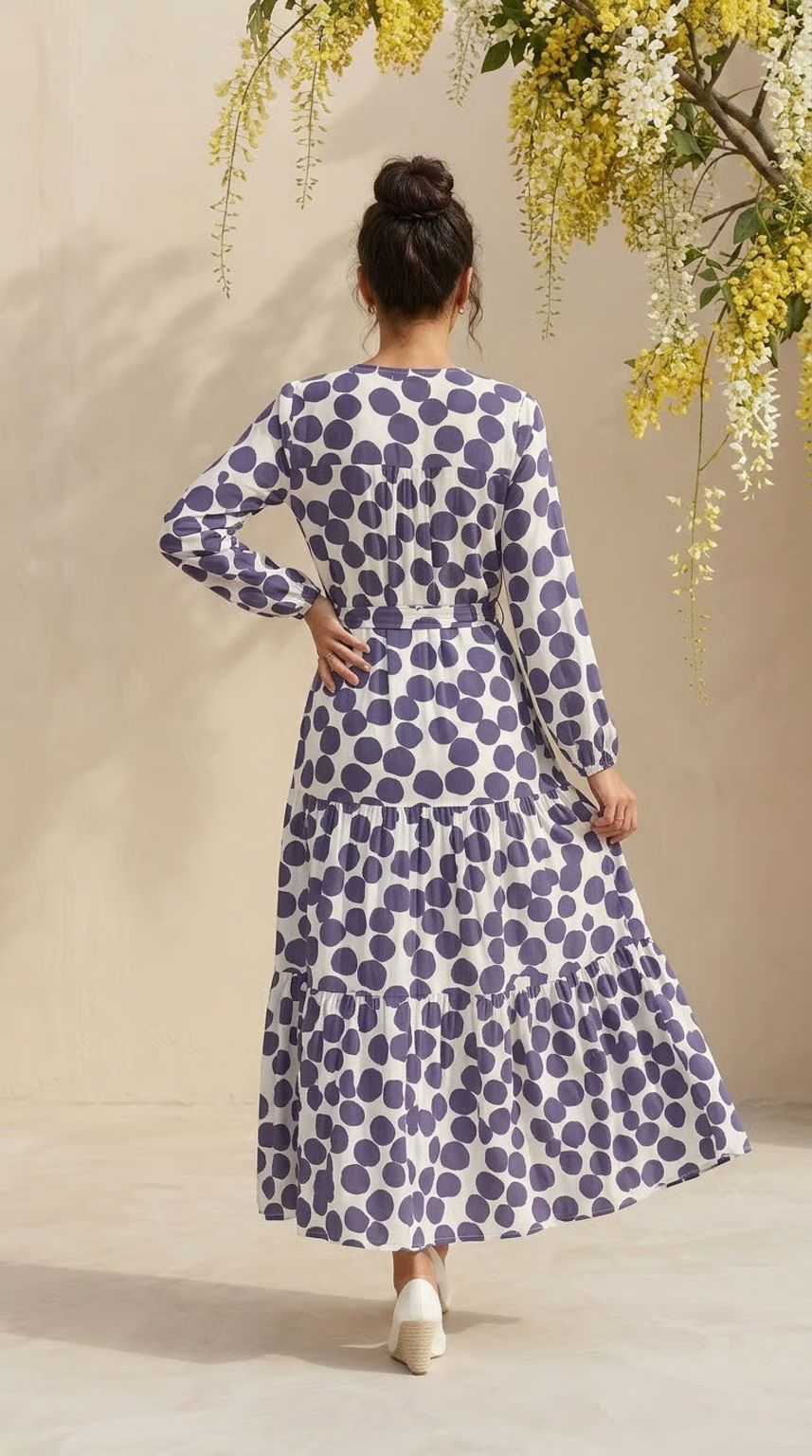 Brae - Oversize Polka: Tiered Long sleeve maxi dress