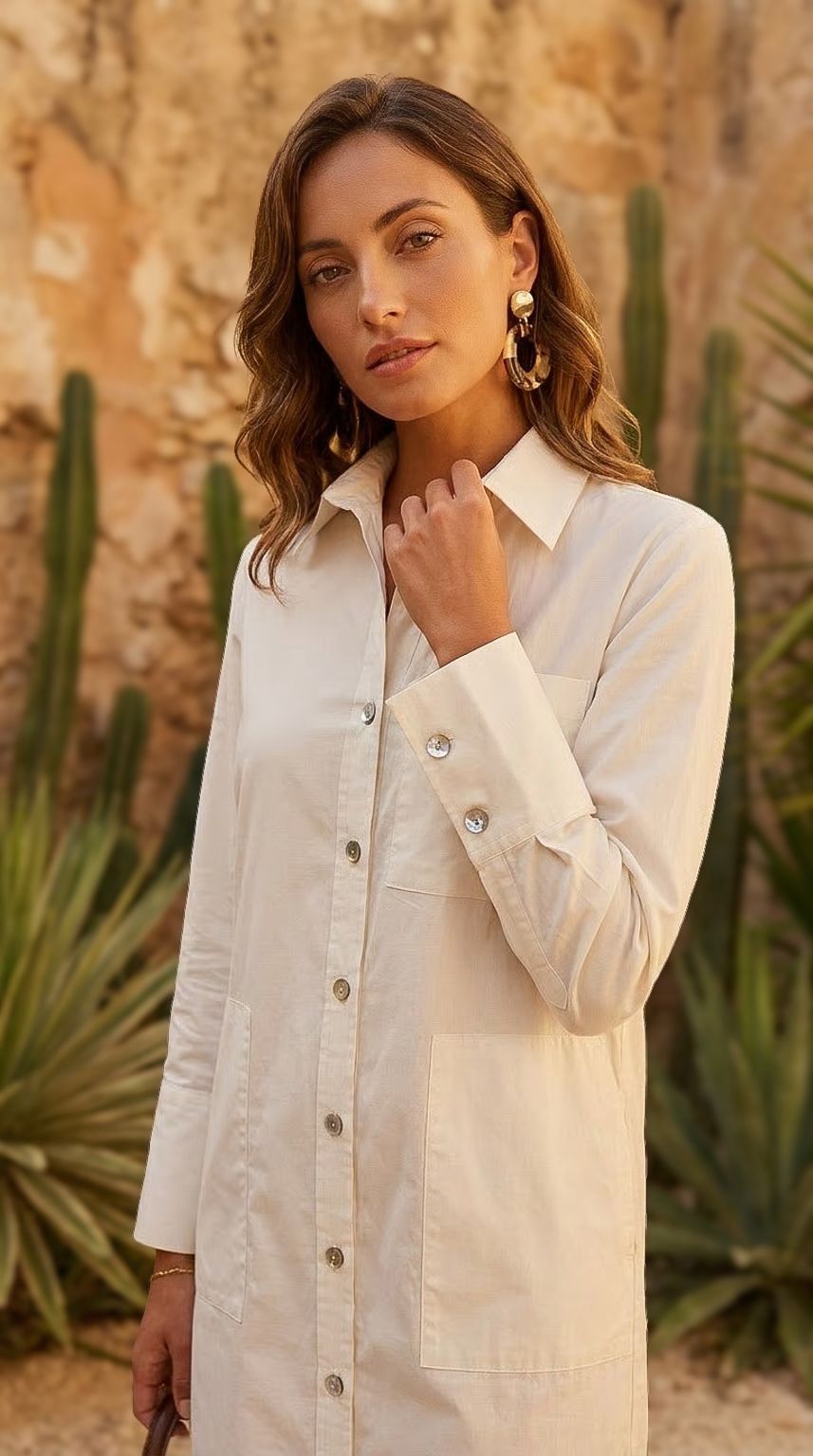 Callie - Egret: Cotton Shirt dress