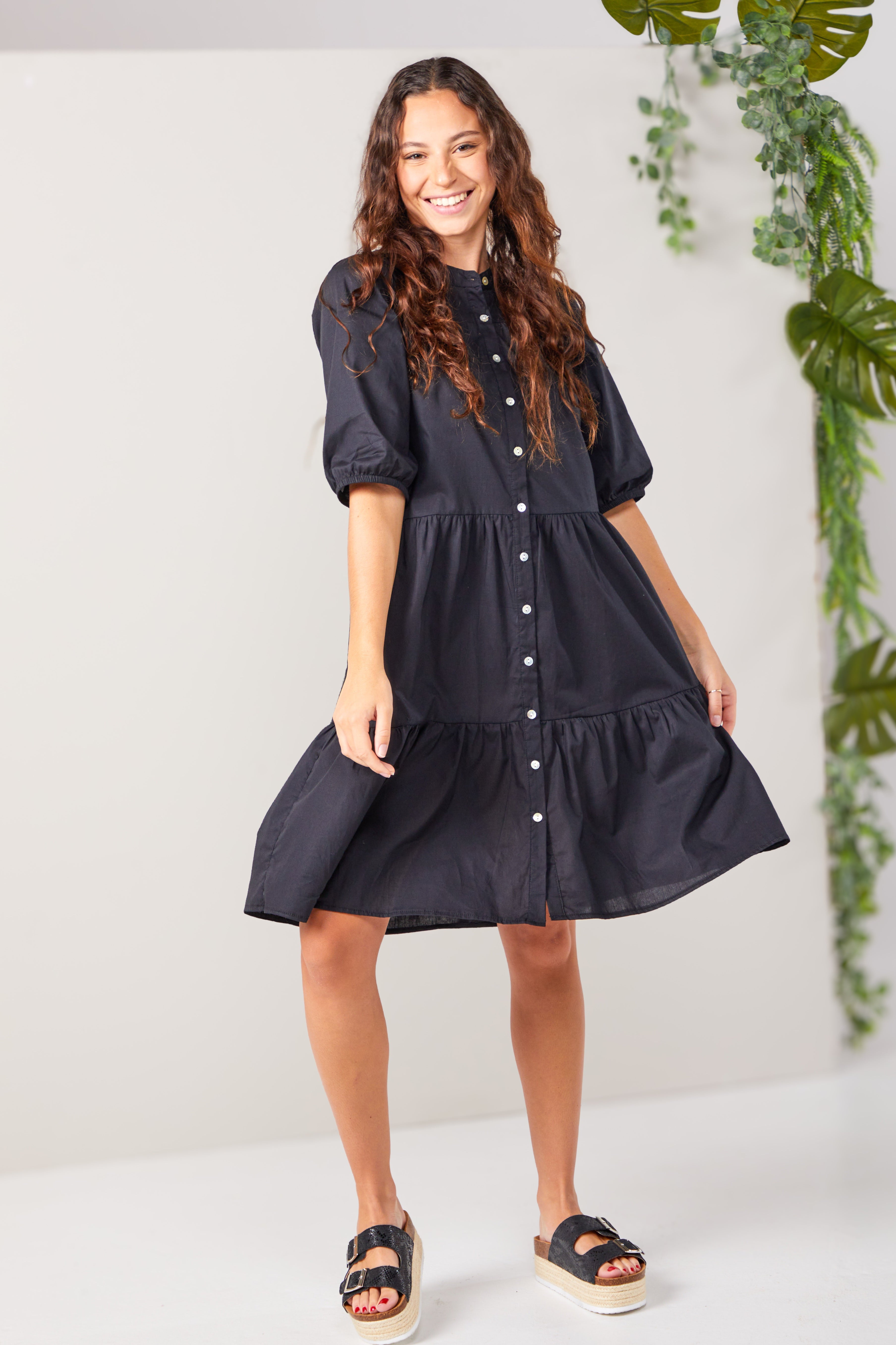 Julie - Plain Black: Tiered Button-up Dress in Poplin
