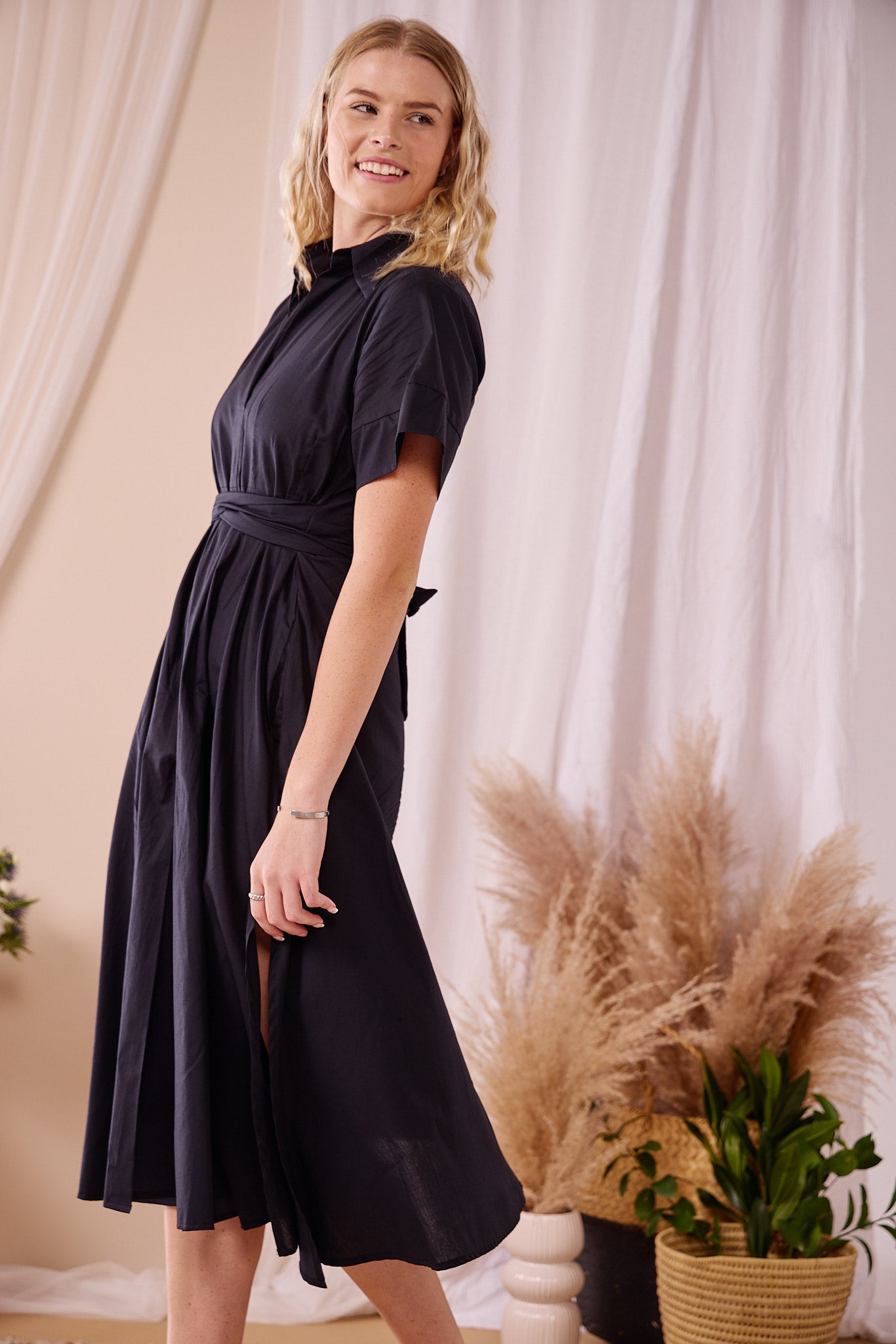 Rosey - Black Poplin : Collared A-line dress