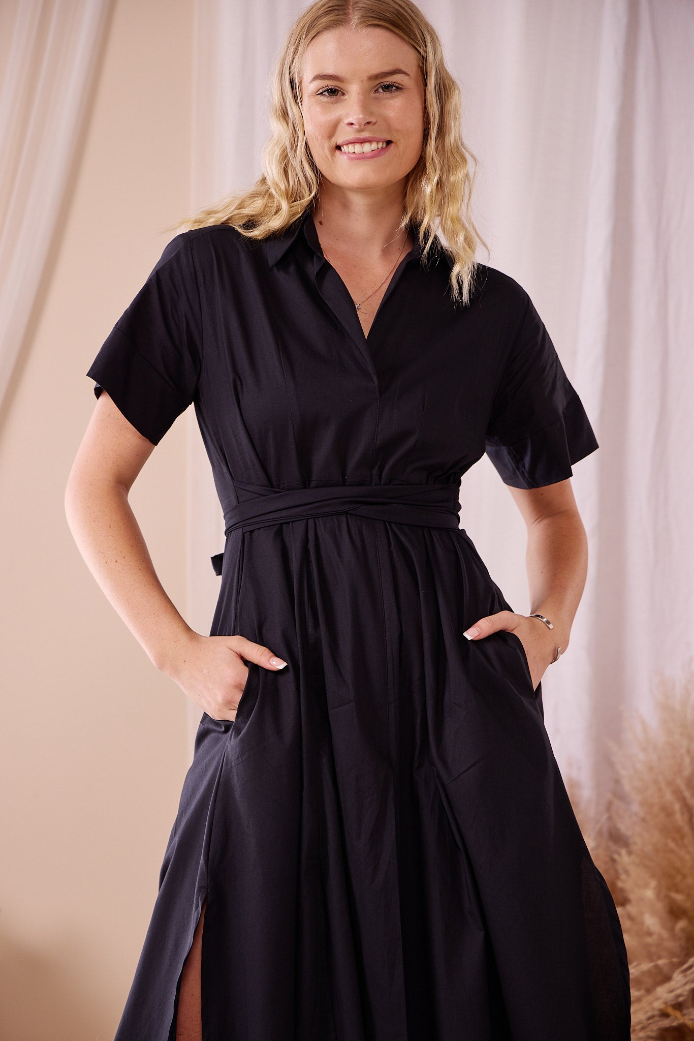 Rosey - Black Poplin : Collared A-line dress