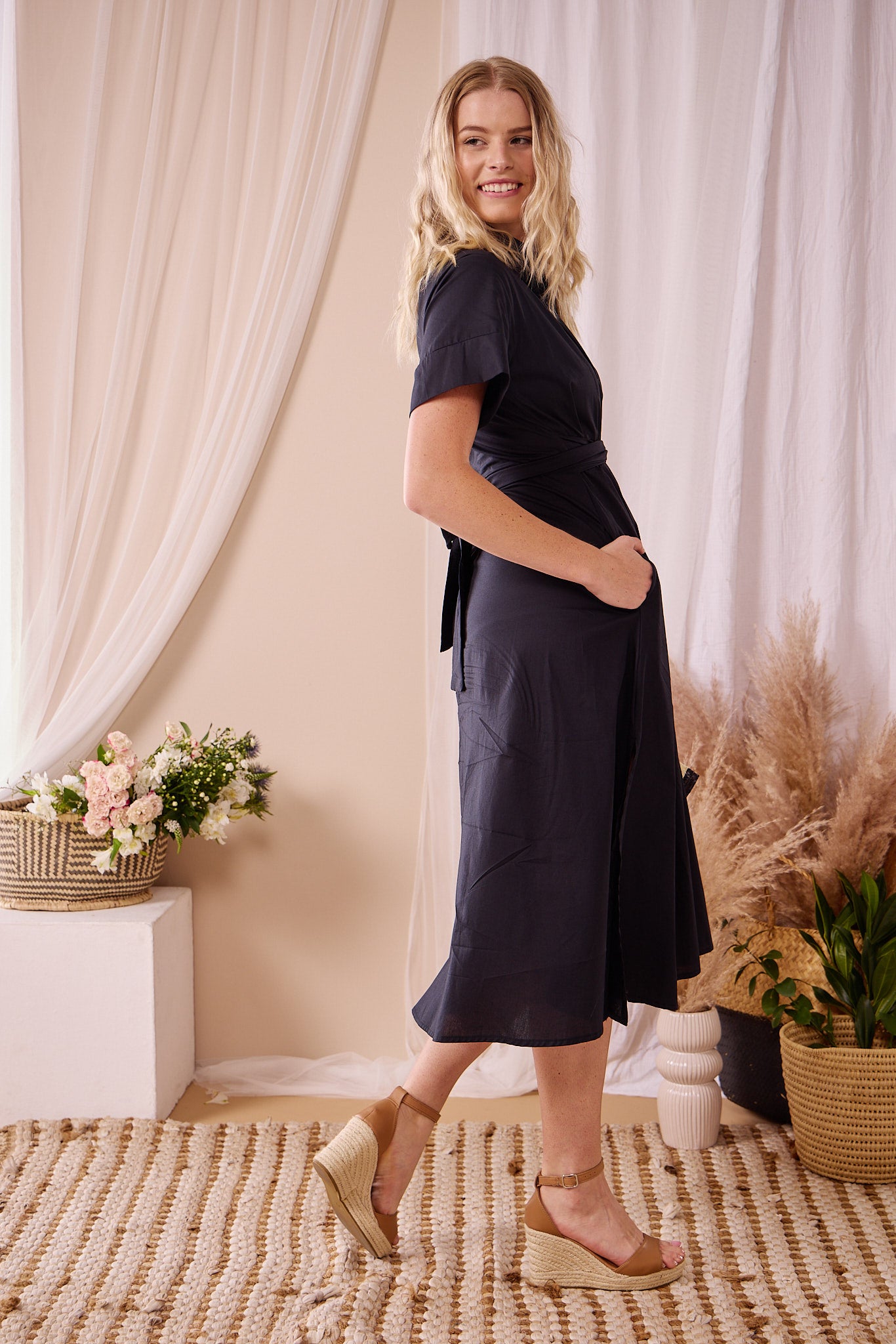 Rosey - Black Poplin : Collared A-line dress