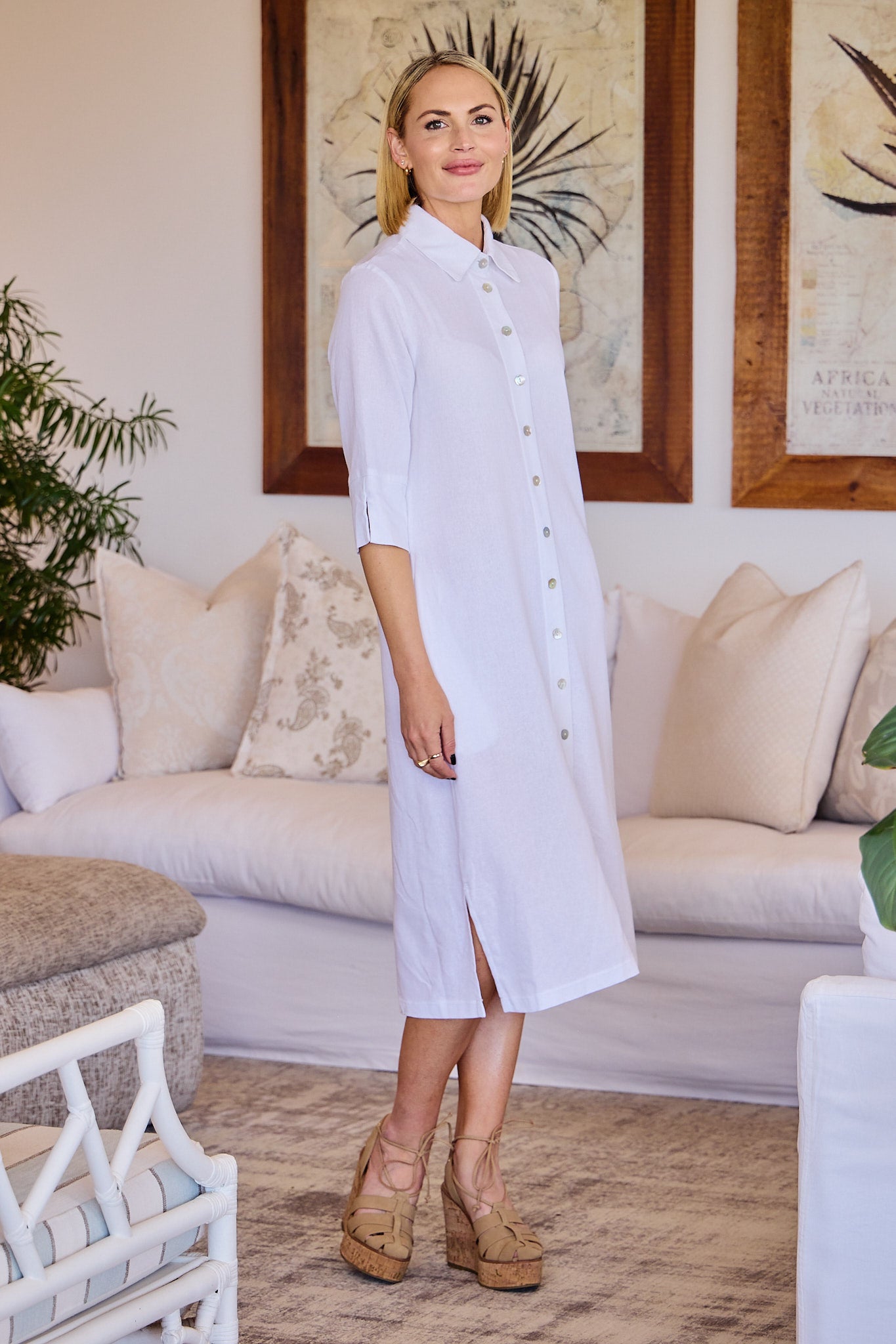 Sarah - White linen blend: Classic midi shirt dress