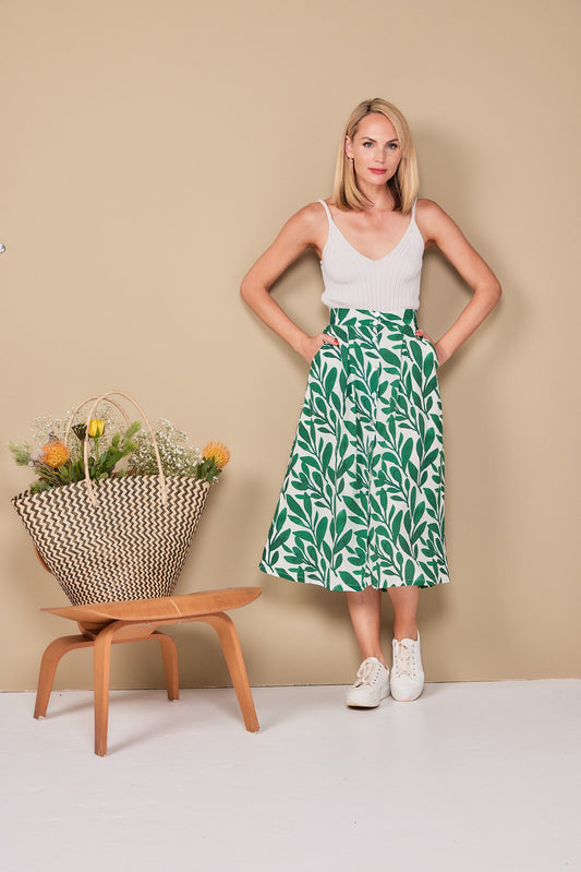 Grace - Foliage Green: Button-up Midi Skirt with pockets