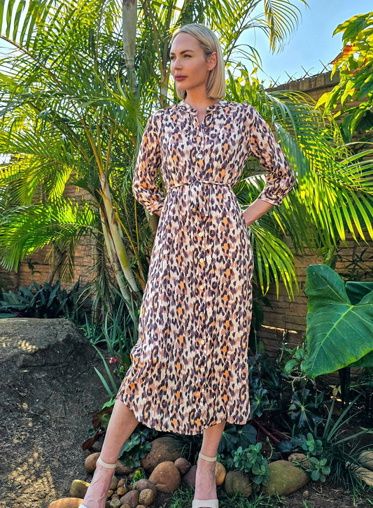 Beauty - Waterfall Leopard: Classic Shirt dress with 3/4 sleeves