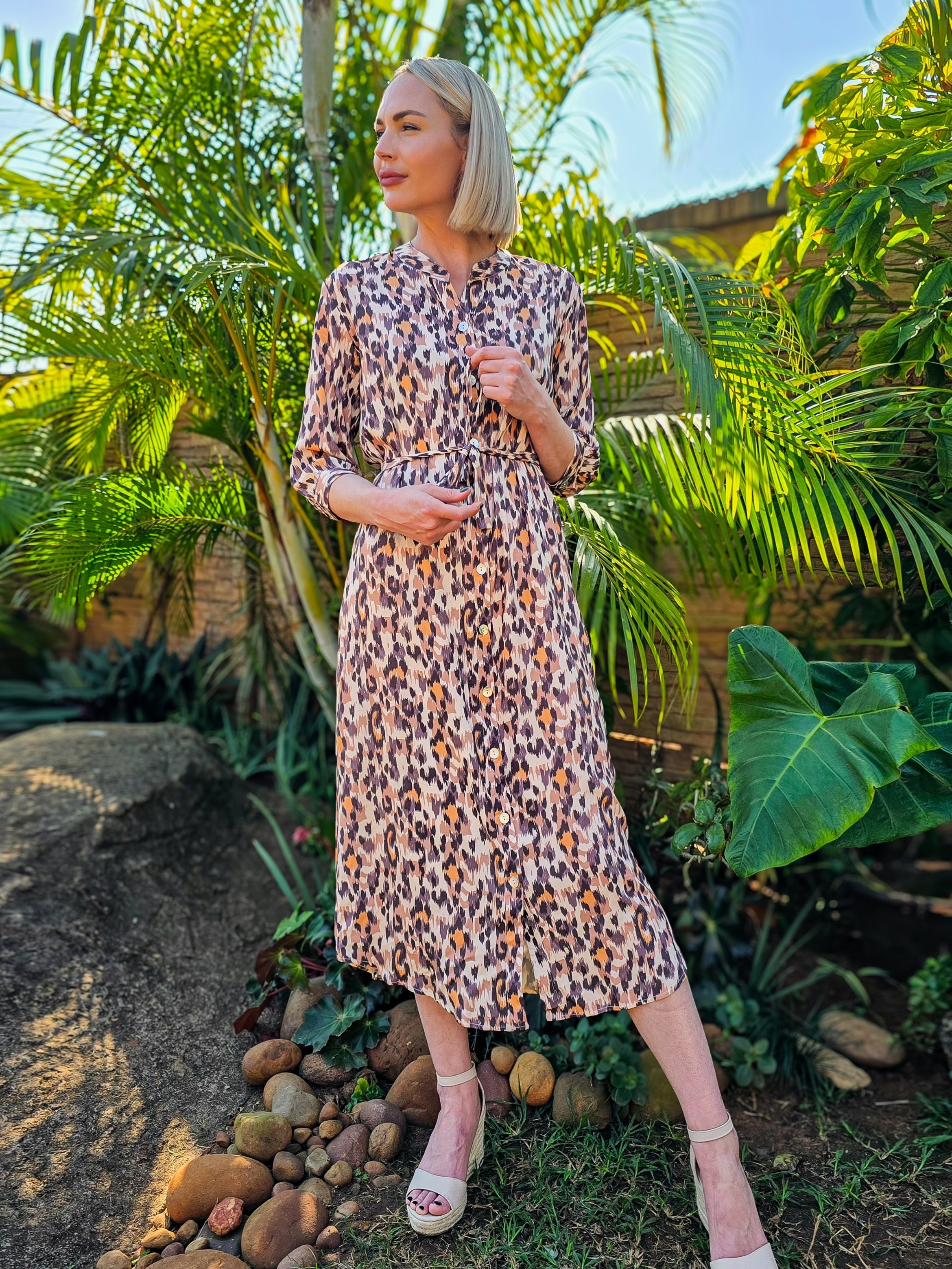 Beauty - Waterfall Leopard: Classic Shirt dress with 3/4 sleeves