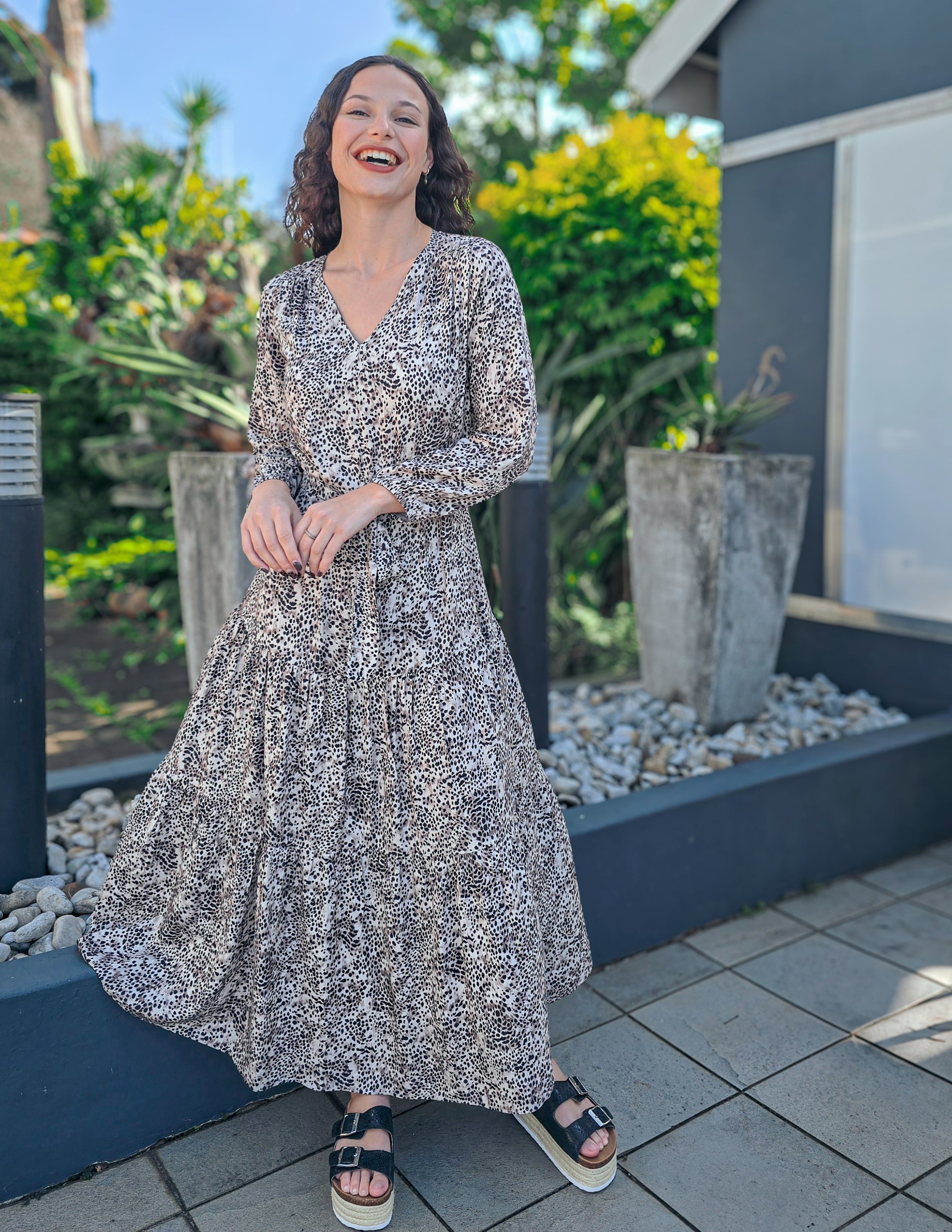 Brae - Thunderstorm: Tiered long sleeve maxi dress