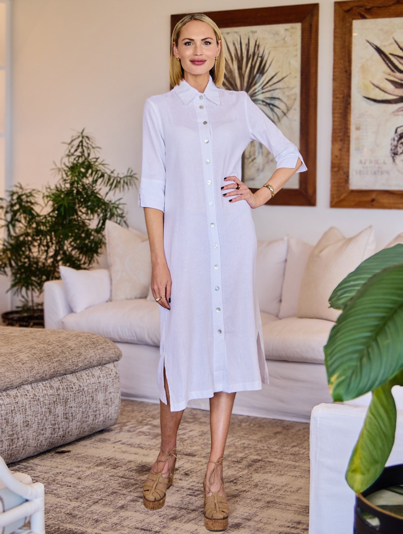 Sarah - White linen blend: Classic midi shirt dress