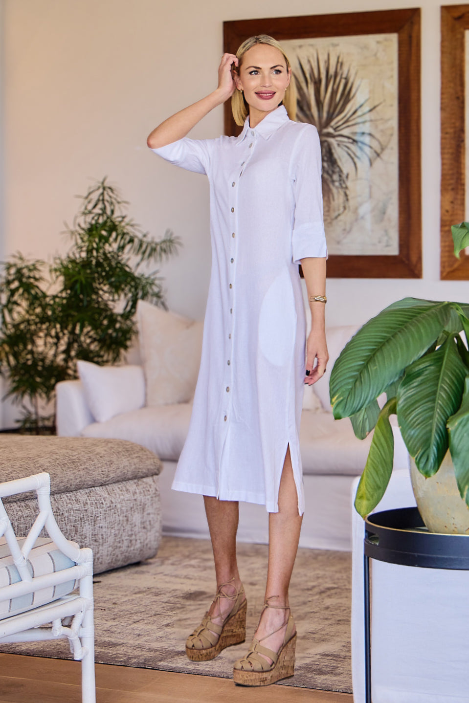 Sarah - White linen blend: Classic midi shirt dress