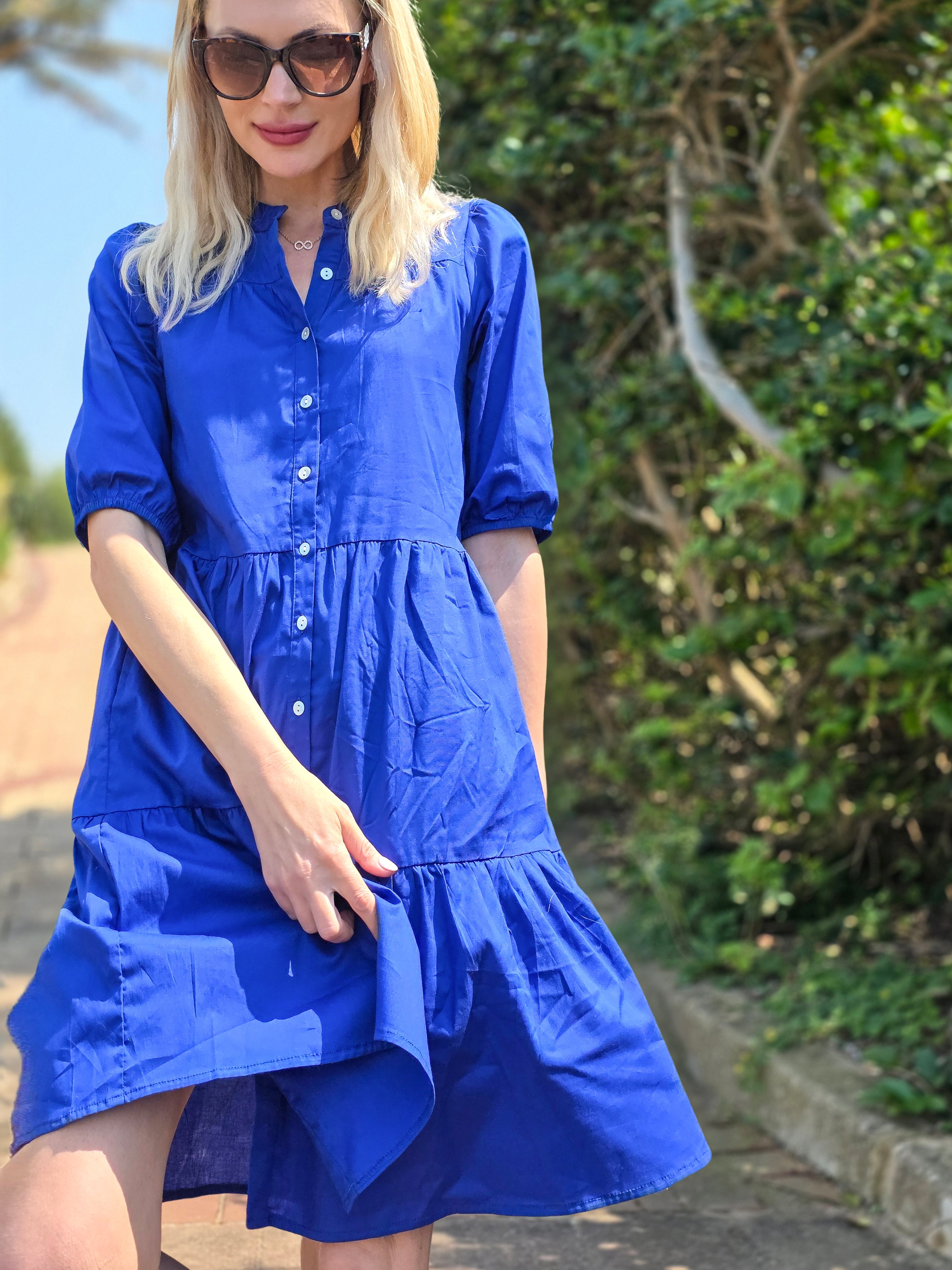 Julie - Royal Blue: Tiered Button-up Dress in Poplin