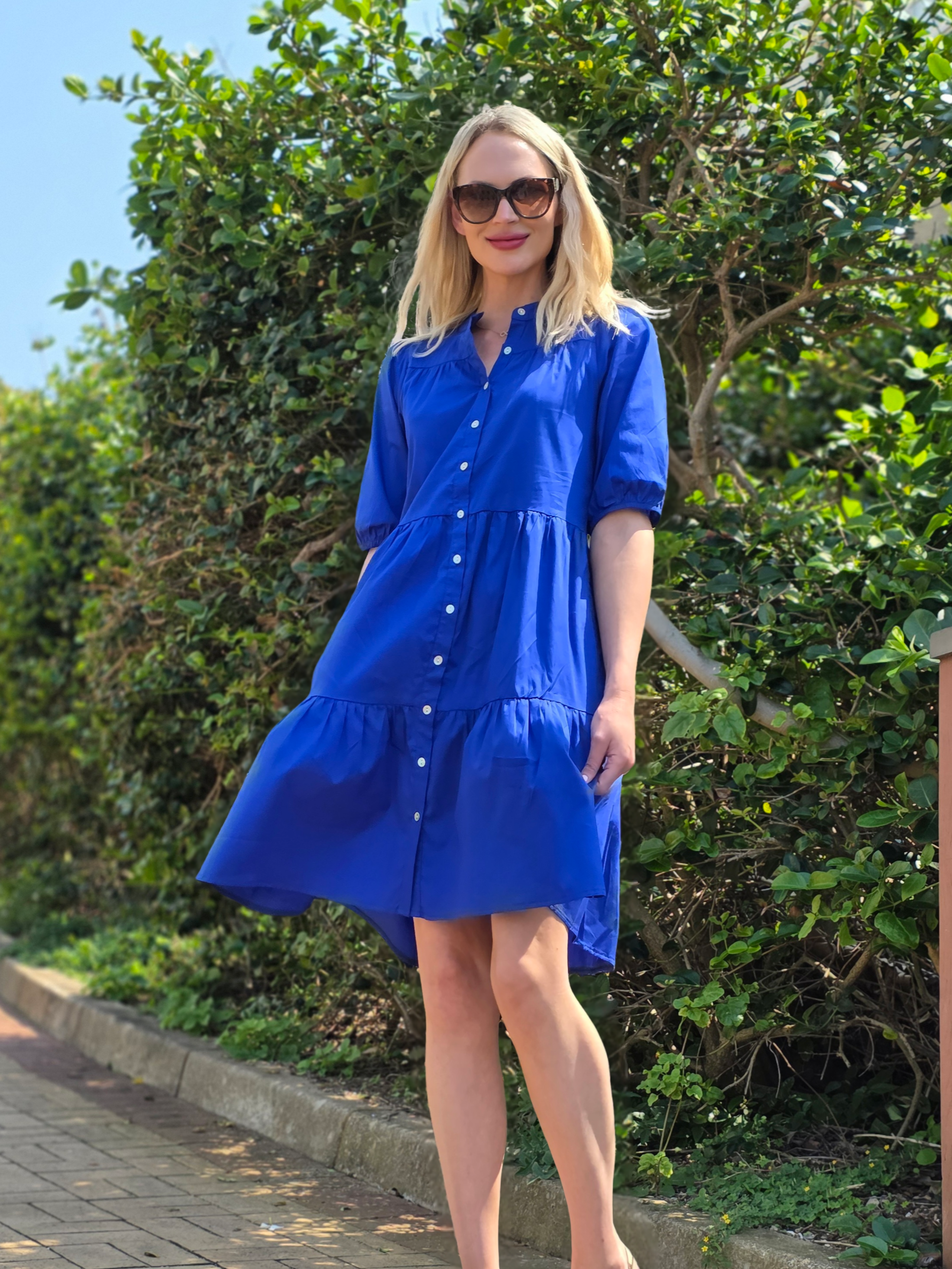 Julie - Royal Blue: Tiered Button-up Dress in Poplin