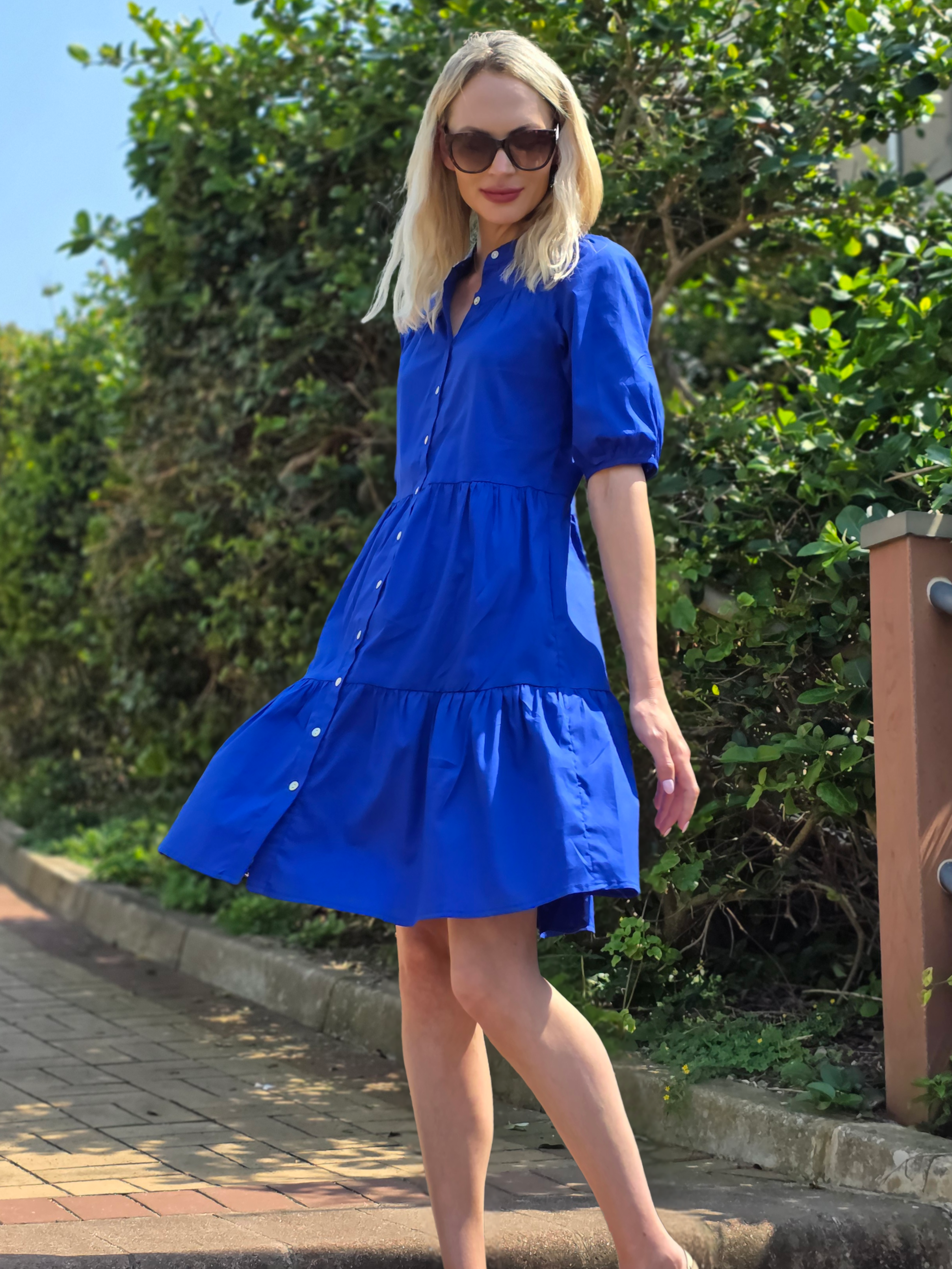 Julie - Royal Blue: Tiered Button-up Dress in Poplin