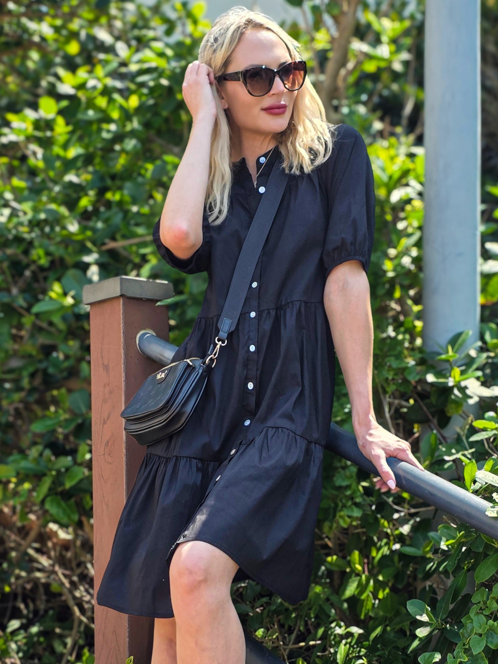 Julie - Plain Black: Tiered Button-up Dress in Poplin