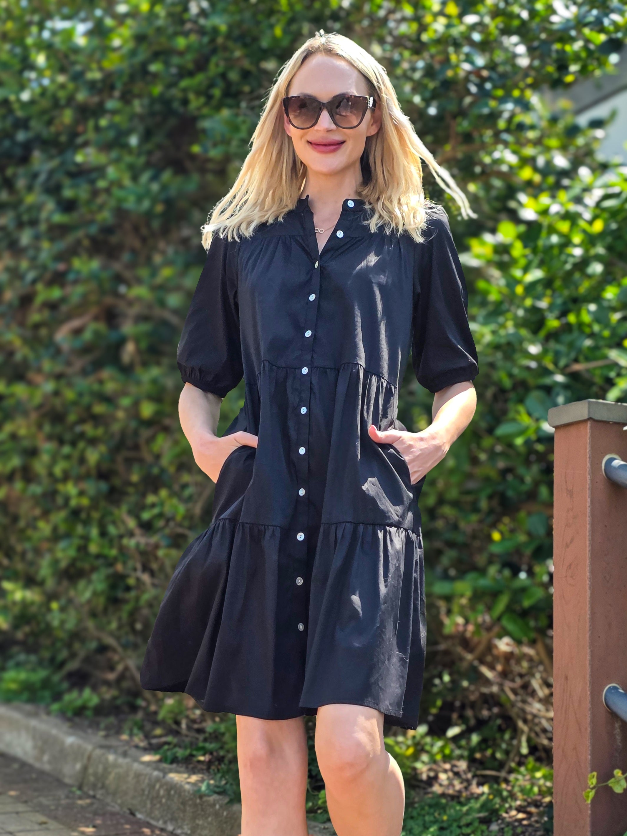 Julie - Plain Black: Tiered Button-up Dress in Poplin