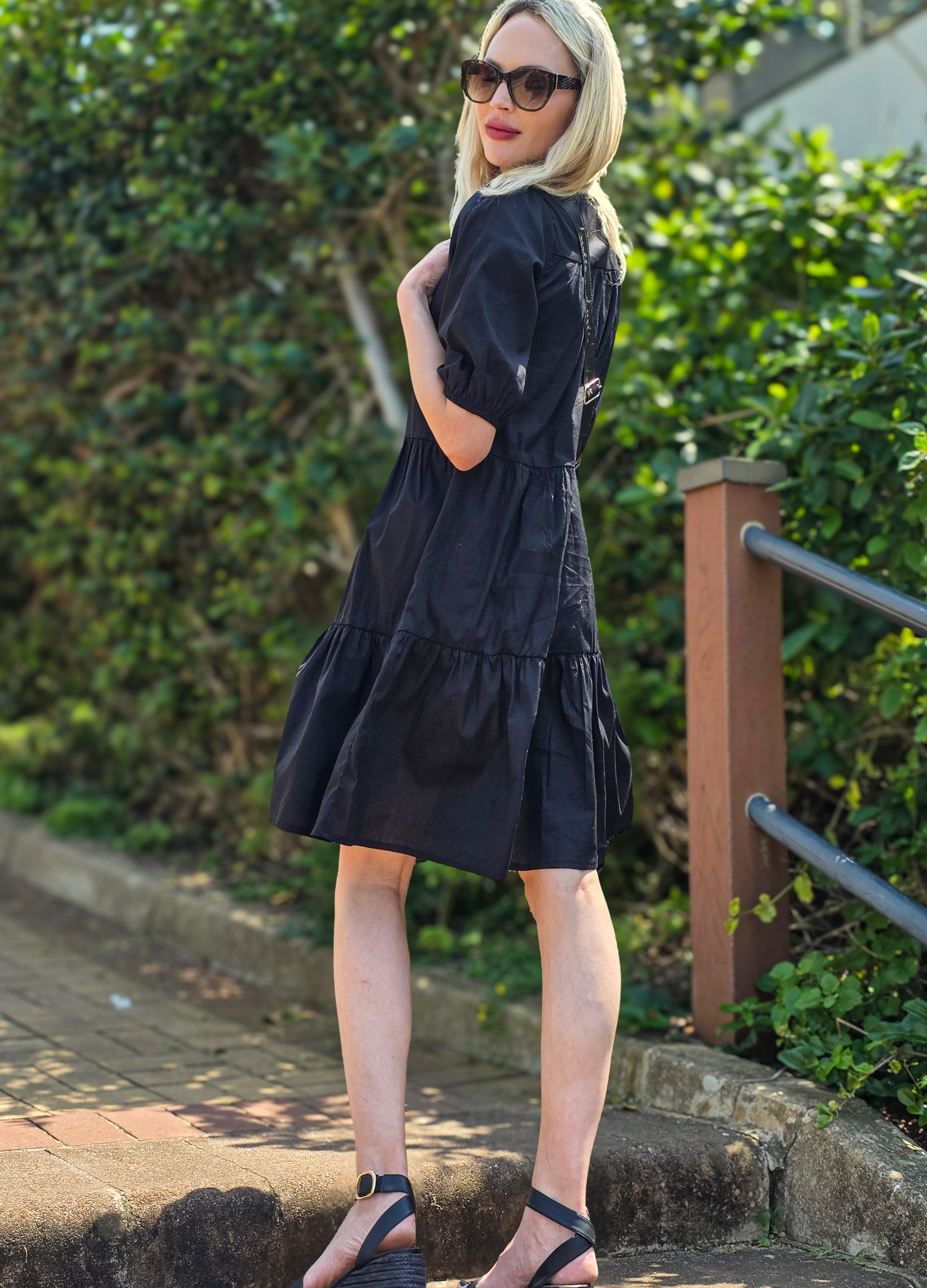 Julie - Plain Black: Tiered Button-up Dress in Poplin