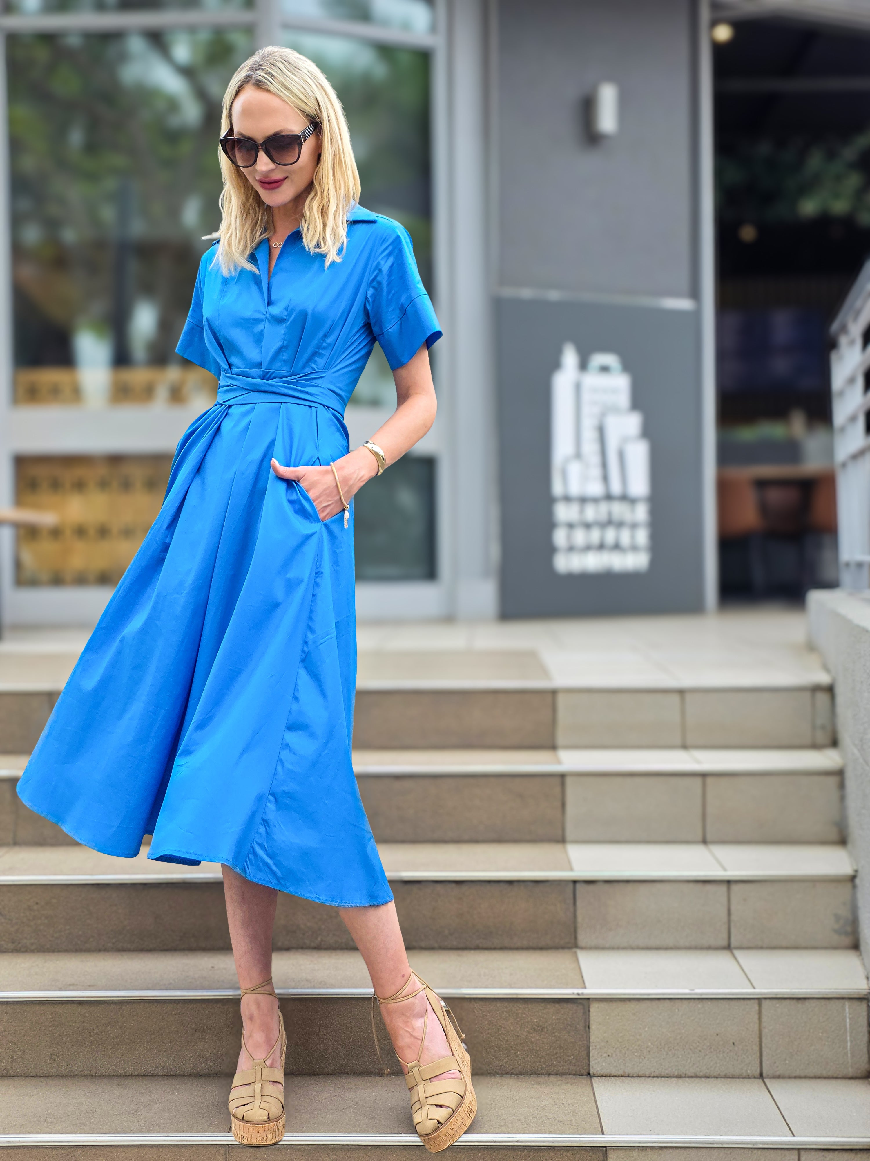 Rosey - Brilliant Blue Poplin : Collared A-line dress