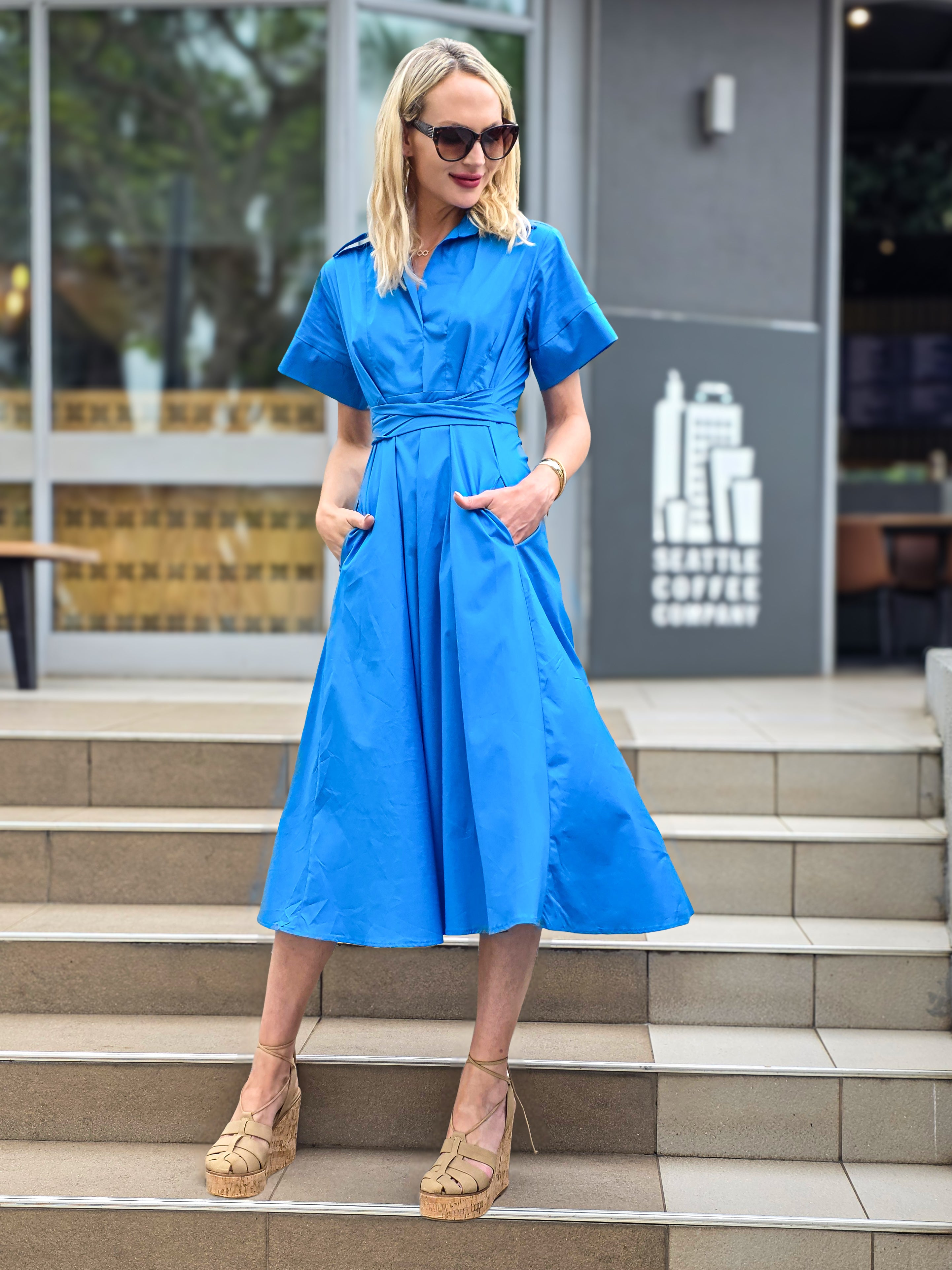 Rosey - Brilliant Blue Poplin : Collared A-line dress