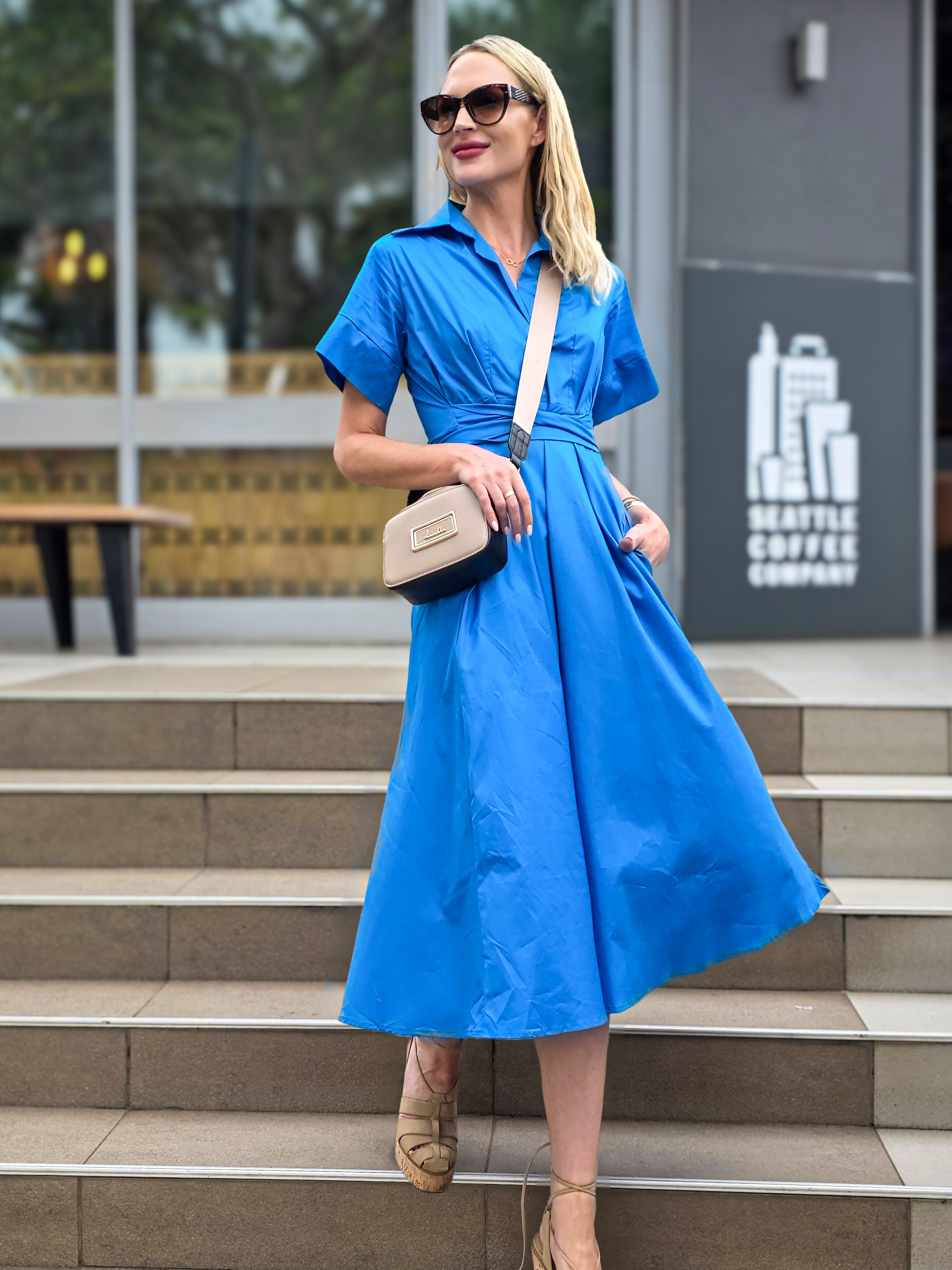 Rosey - Brilliant Blue Poplin : Collared A-line dress