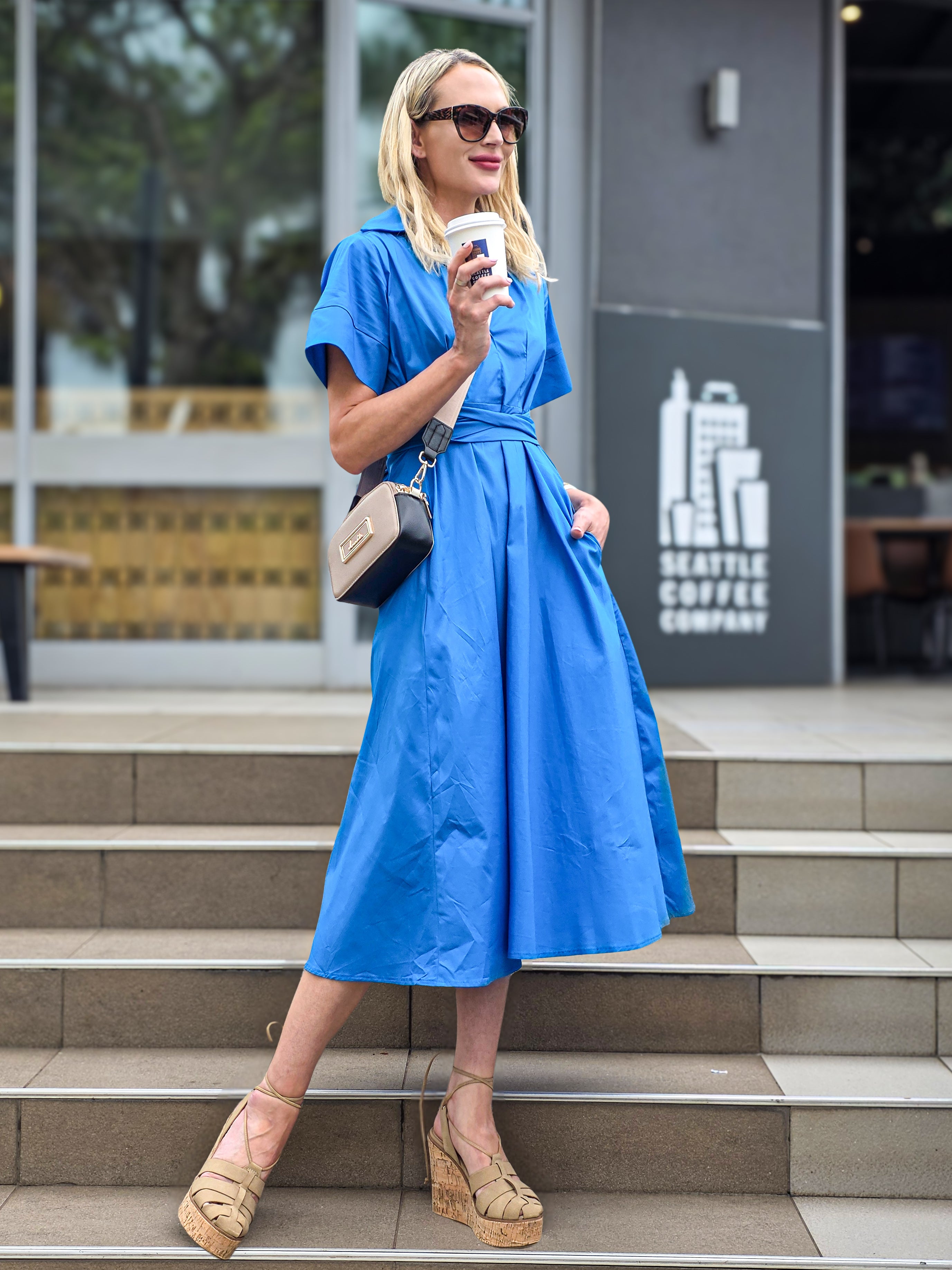 Rosey - Brilliant Blue Poplin : Collared A-line dress